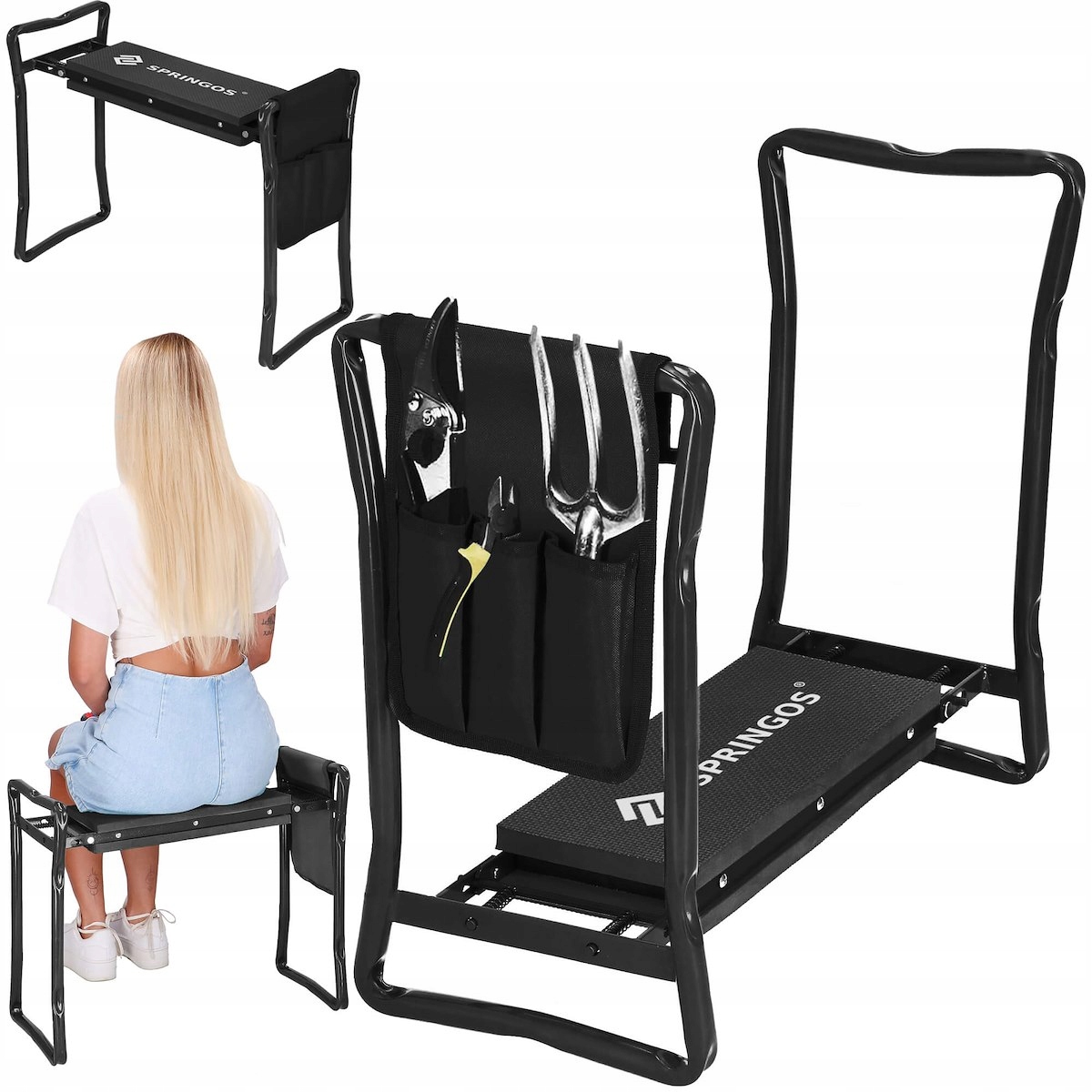 KLĘCZNIK OGRODOWY TABORET SKŁADANY SIEDZISKO SIODEŁKO KRZESŁO + PRZYBORNIK