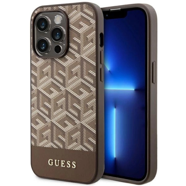 Pouzdro Guess GCube Stripes MagSafe pro iPhone 14 Pro hnědé