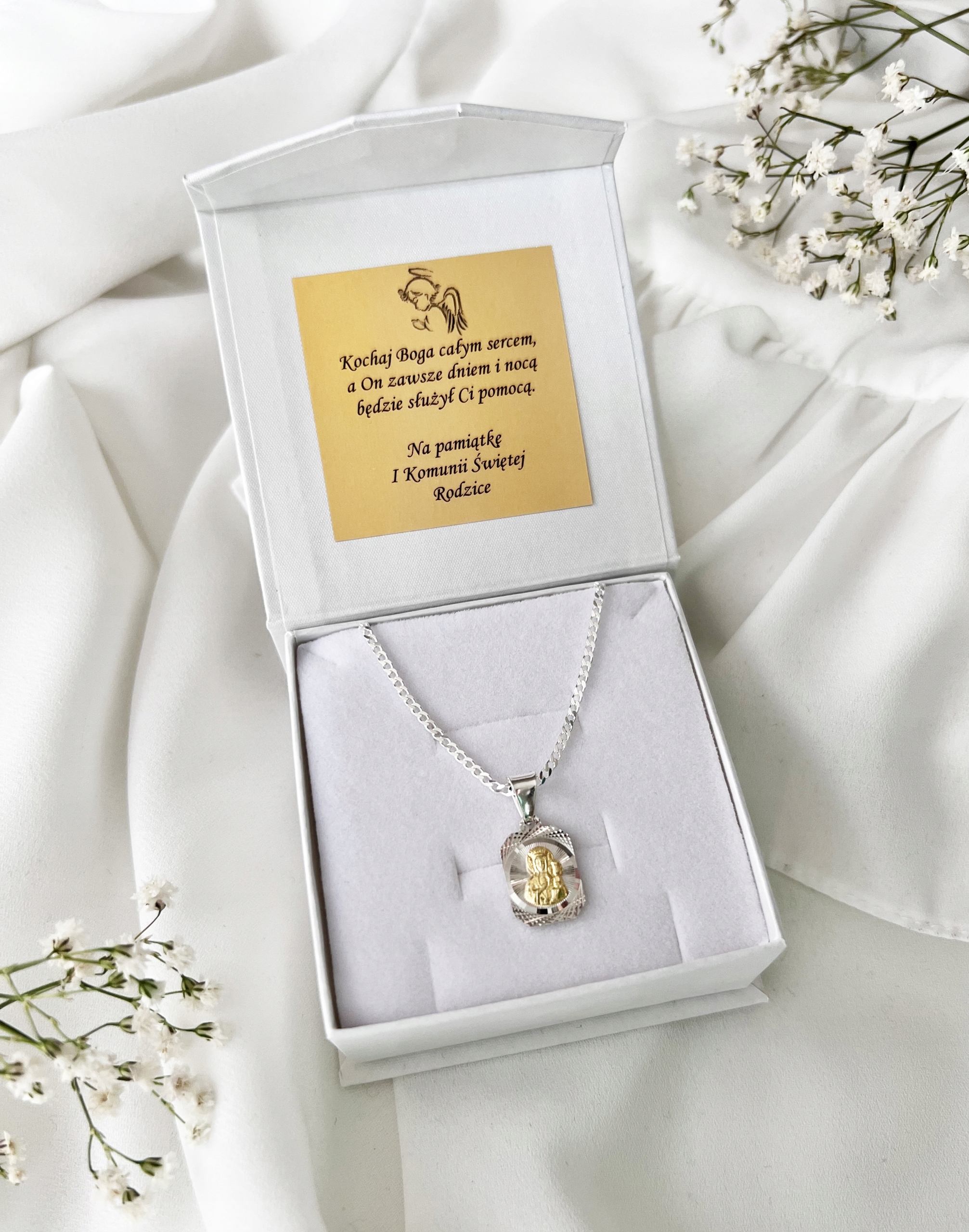ŁAŃCUSZEK SREBRNY PANCERKA I MEDALIK 925 na KOMUNIĘ na CHRZEST SREBRO 925 Marka Abrasar