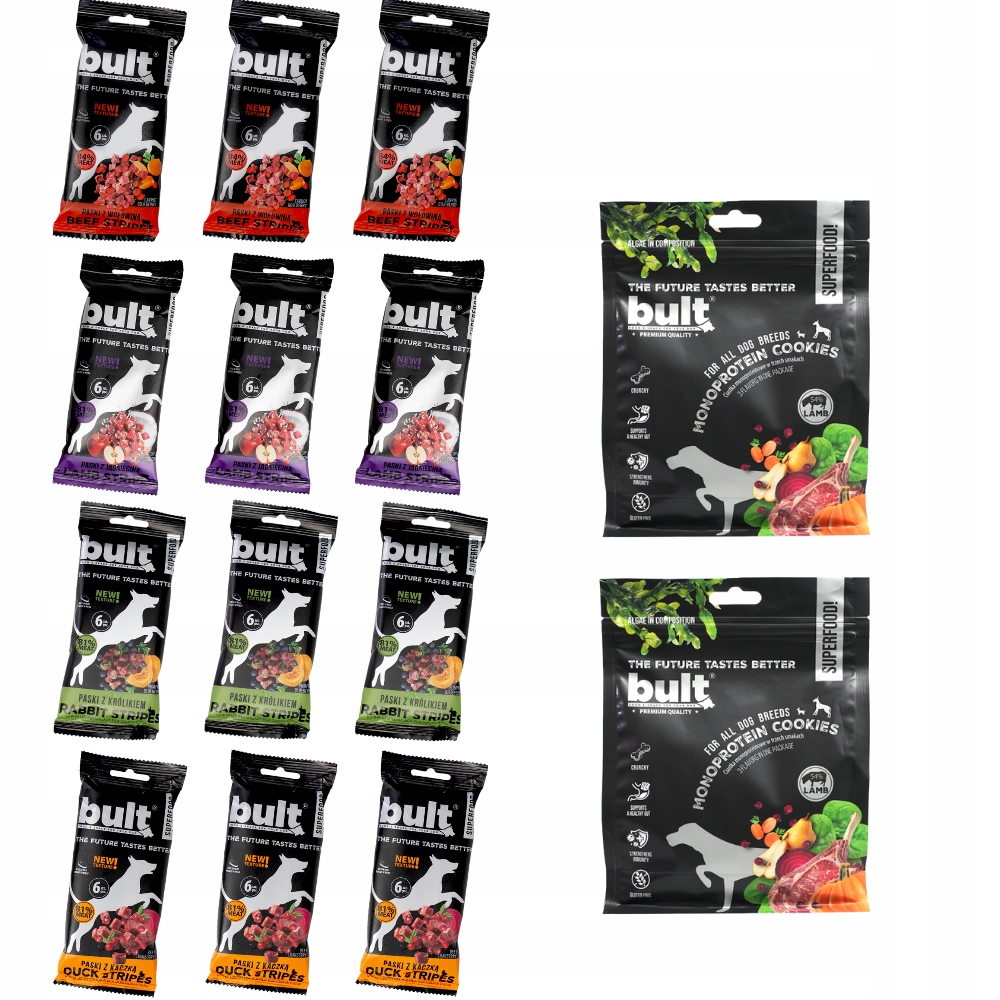 Levně 12 x MIX Tasty Strips Bult Superfood 2 x Proteinové Cookies Sada Pro Psa