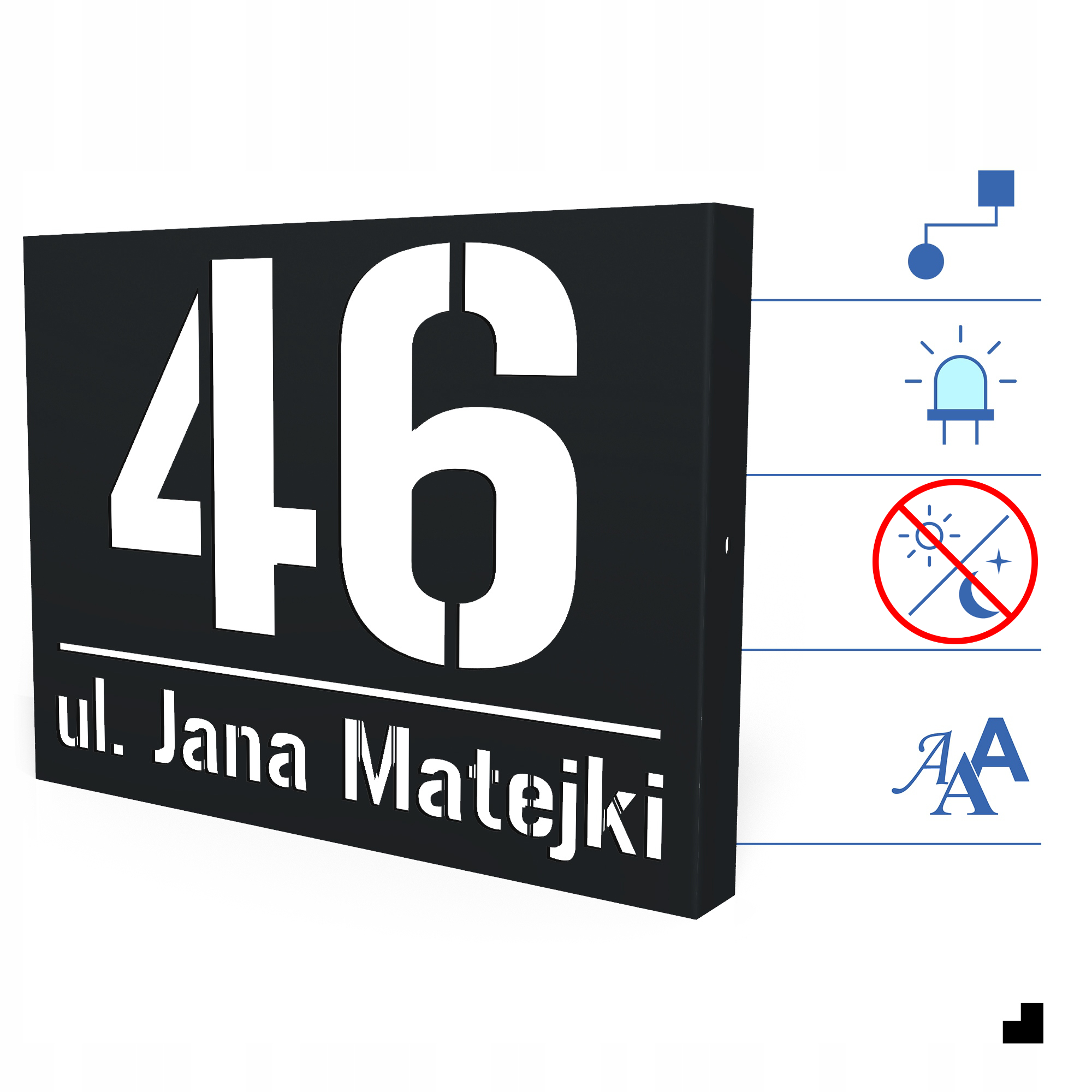 PODŚWIETLANY NUMER NA DOM TABLICZKA ADRESOWA ULICA LED 3D | 40X30 cm CZARNA Stan opakowania oryginalne
