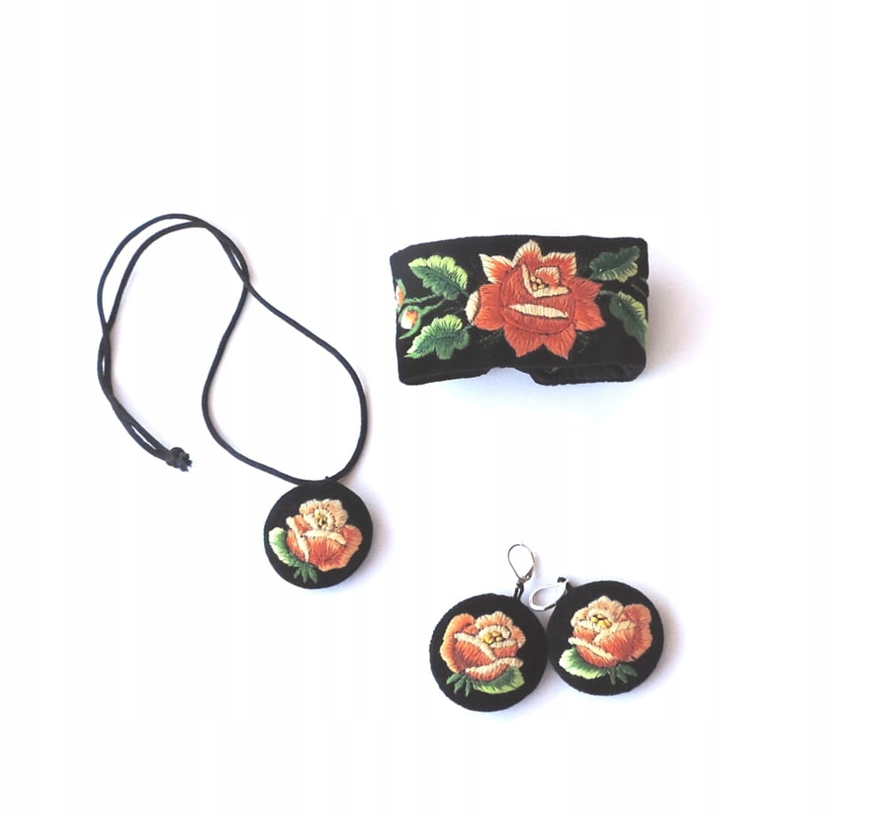 Sada šperků folk s výšivkou rybaření (oranžové růže)