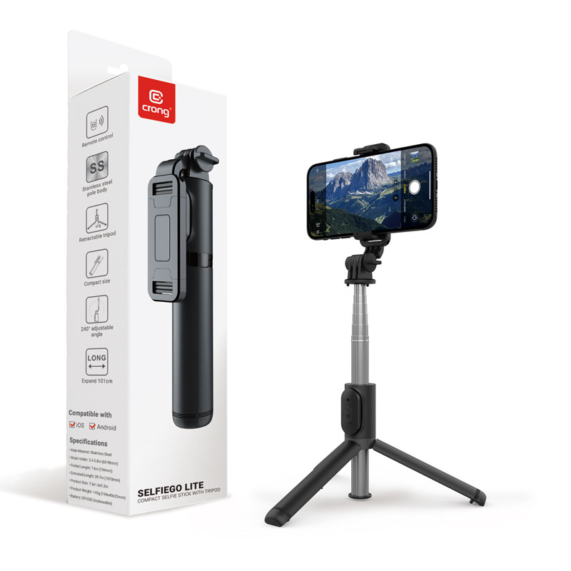 Crong SelfieGo Lite – kompaktní selfie tyč Bluetooth tripod (černá)
