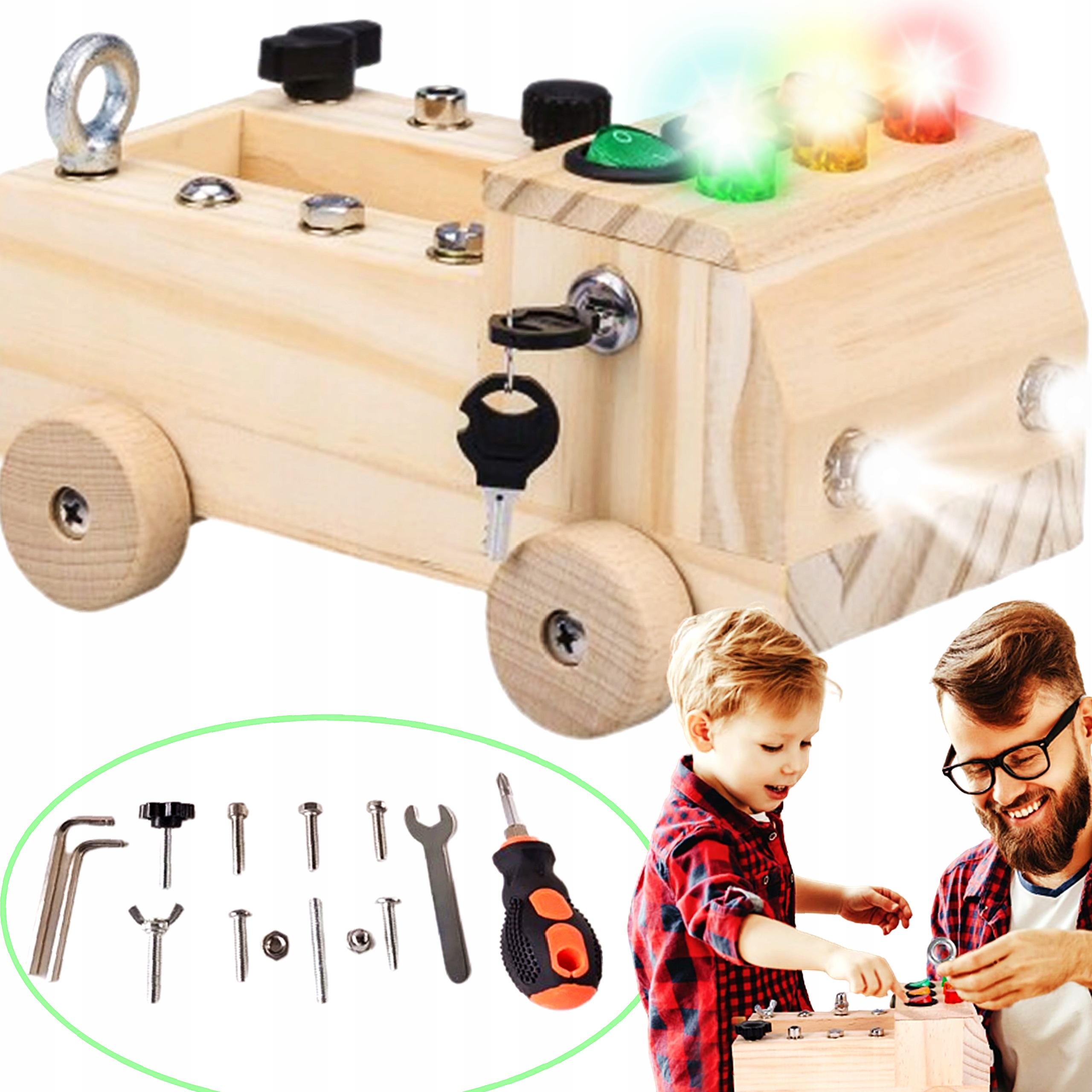 DREWNIANE AUTO SAMOCHÓD NARZĘDZIA MONTESSORI WARSZTAT INTERAKTYWNA ZABAWKA
