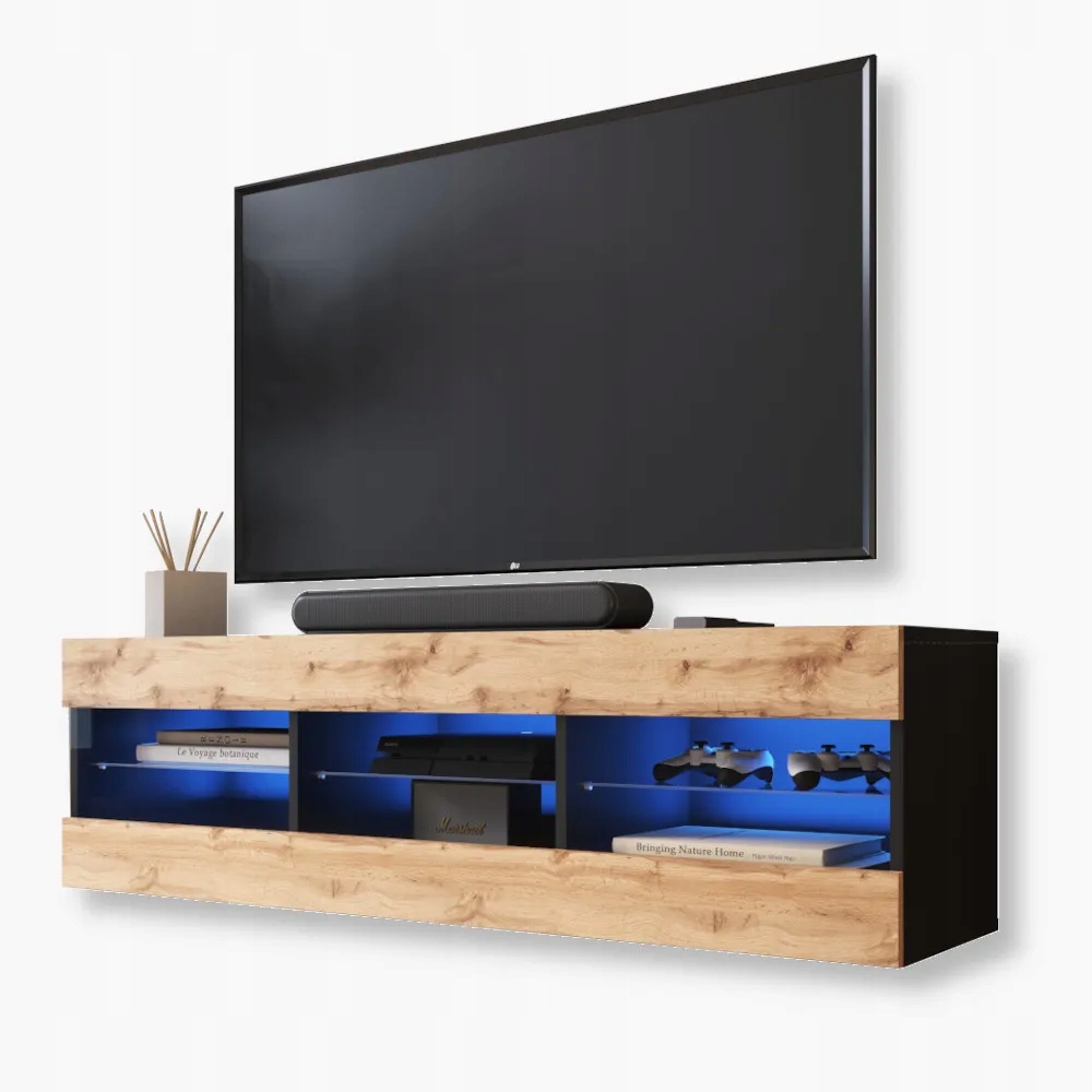 komodee Tivoli Rtv skříňka 140 Černá-Dub Wotan Skleněné police Modrá Led