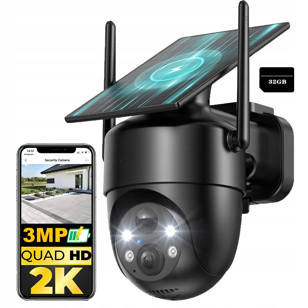 Solární otočná kamera 3MPx venkovní bezdrátová s 32GB paměťovou kartou