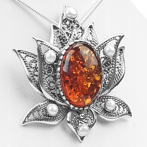 Stříbrný Přívěsek lotosový květ s originálním Jantarem Perla stříbro925 Dárek
