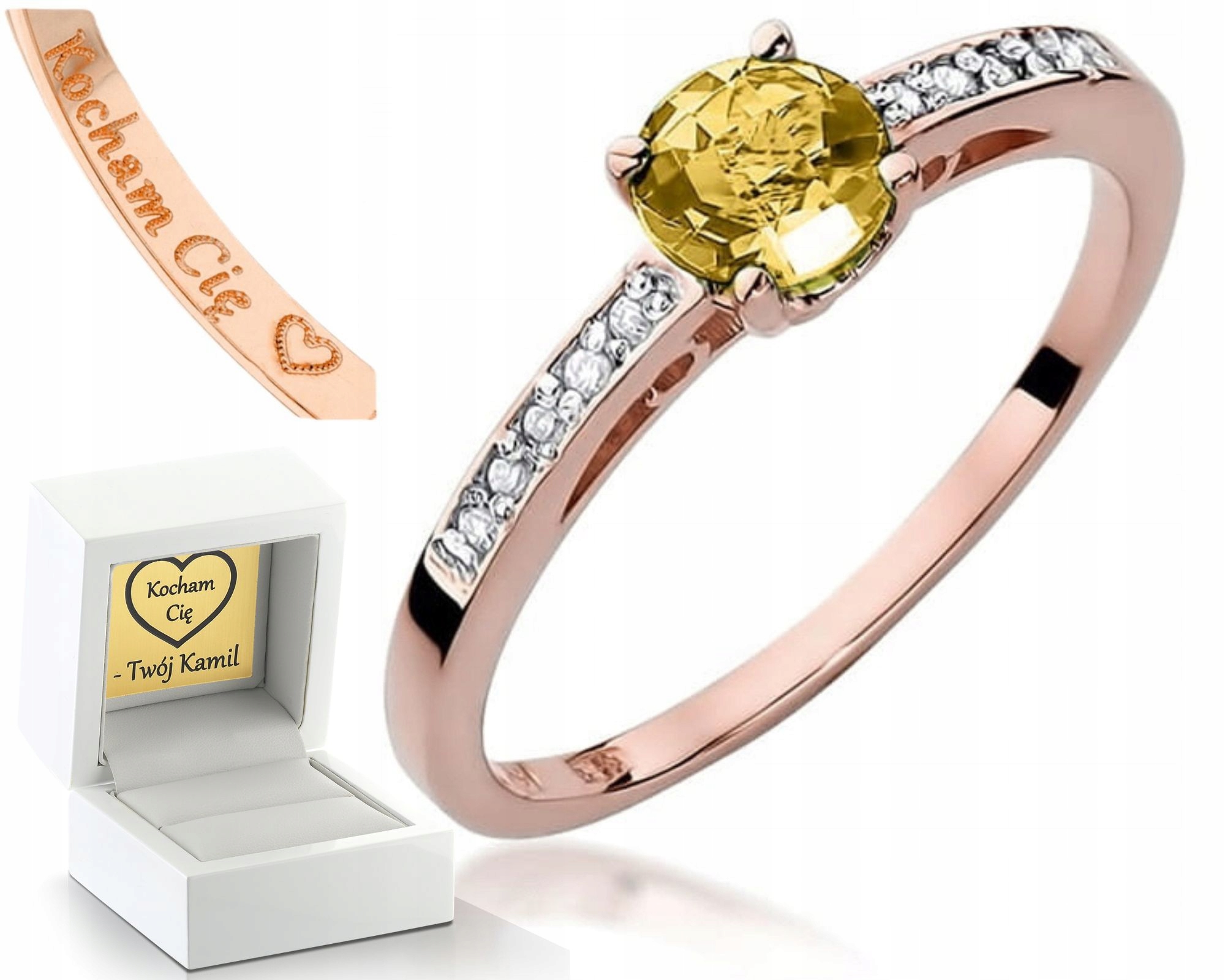 Prstýnek Z Růžového Zlata S Citrínem A Diamanty, Gravírování Bonus 585