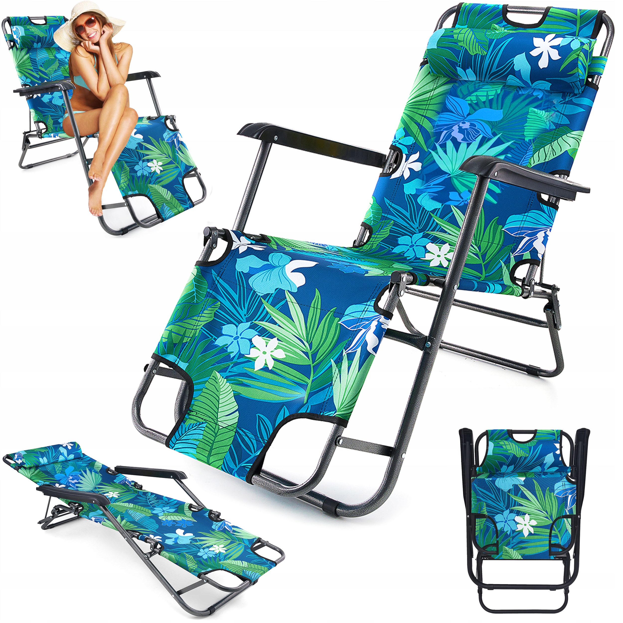 Leżak ogrodowy fotel plażowy składany na plażę kempingowy na taras Kwiatowy