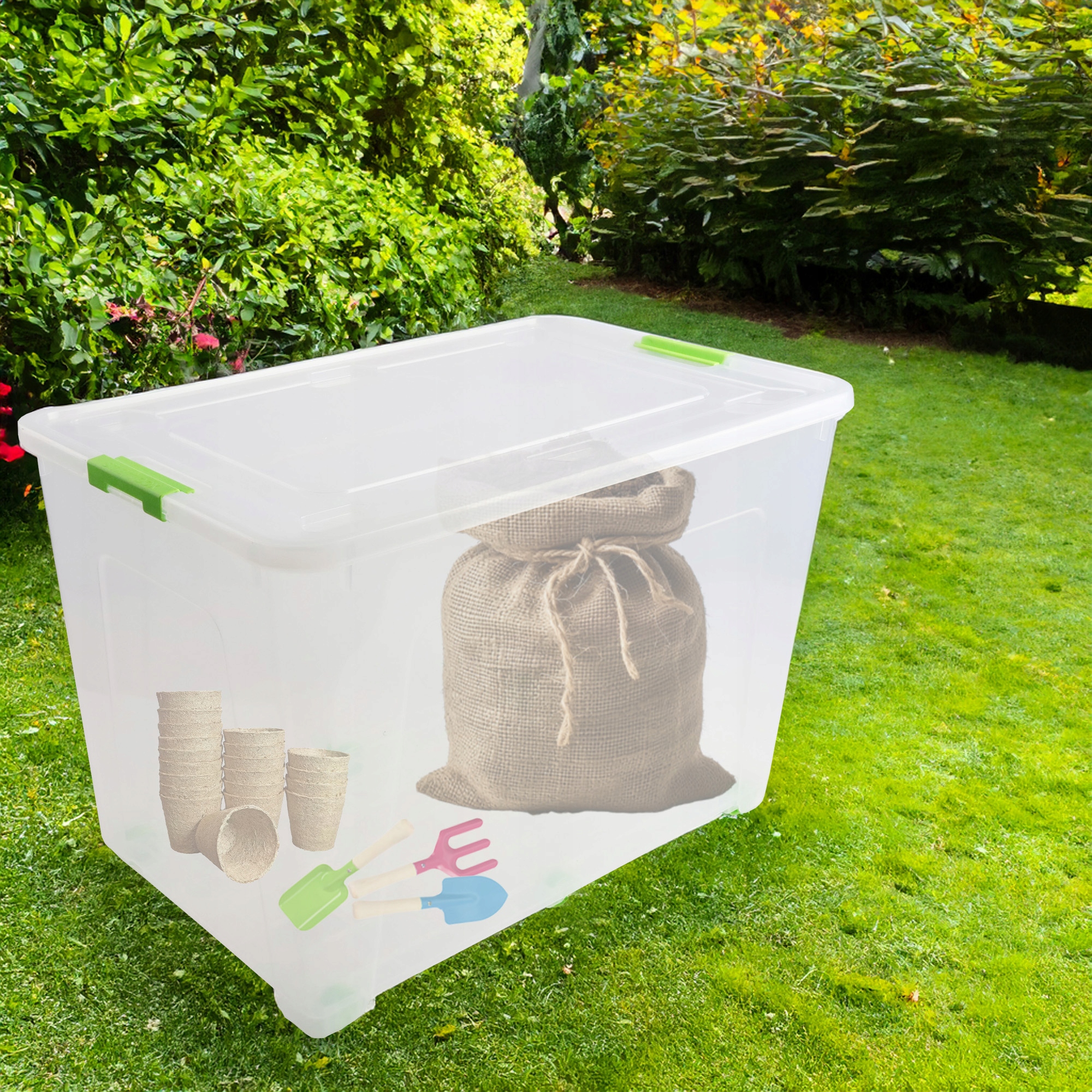 POJEMNIK PLASTIKOWY BOX 70L PRZEZROCZYSTY Z POKRYWKĄ SKRZYNIA NA KÓŁKACH