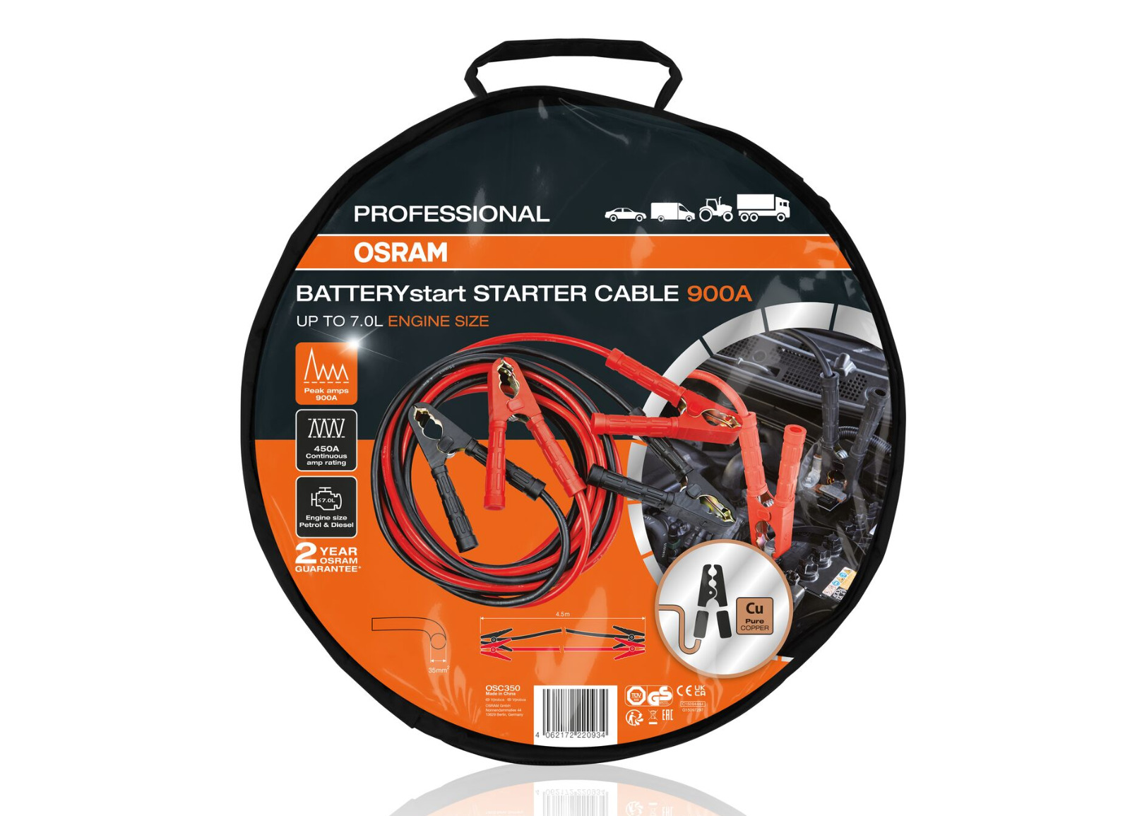 Osram štartovacie káble, 900A meď, do objemu 7,0l benzín/diesel, 12V/24V