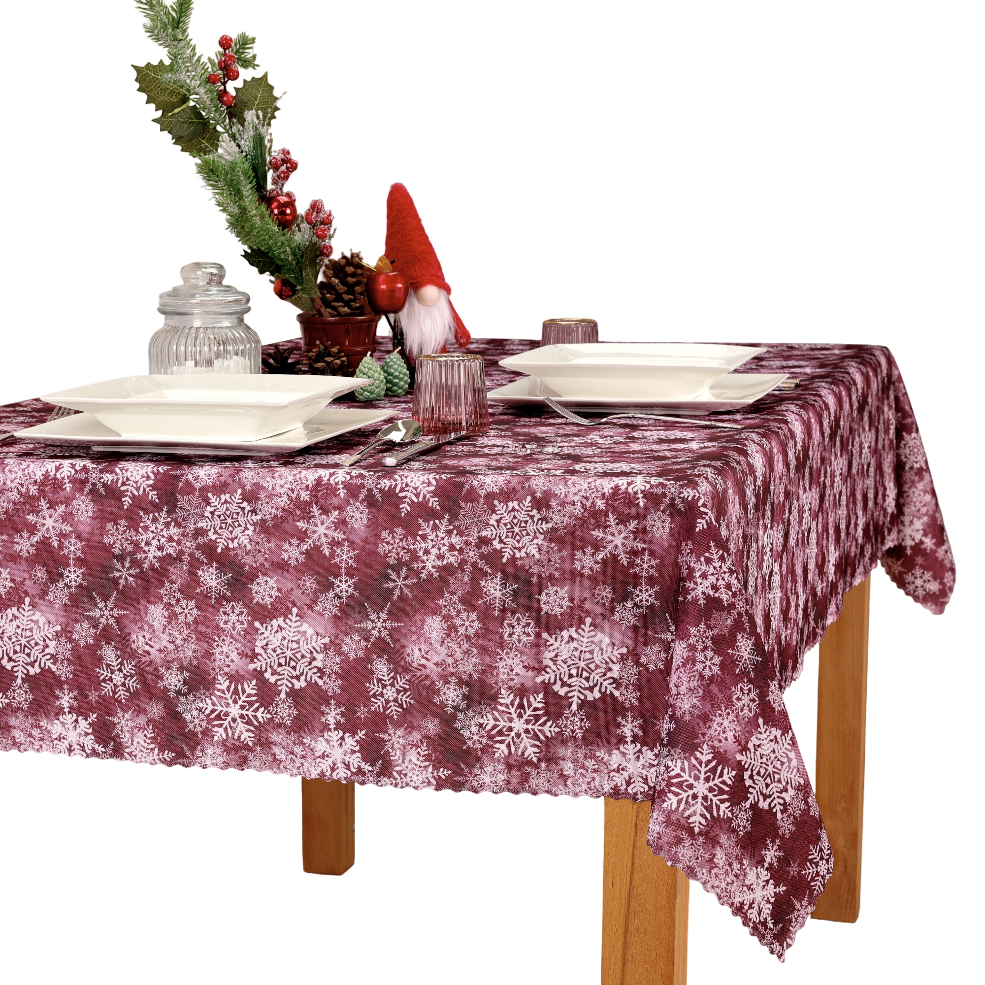Vánoční ubrus odolný proti skvrnám Sněhové Vločky Burgund 140 x 420 cm
