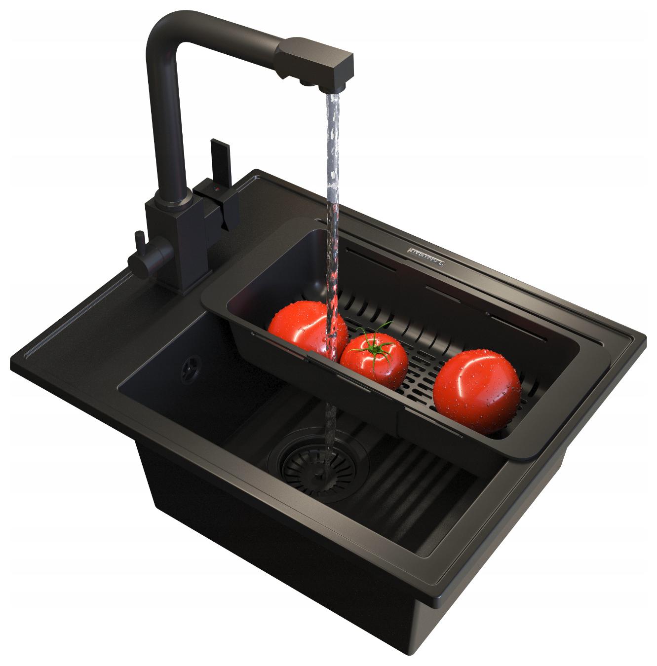 Granitový drez čierny Nero Sada trojcestná batéria Node Sifón Košík