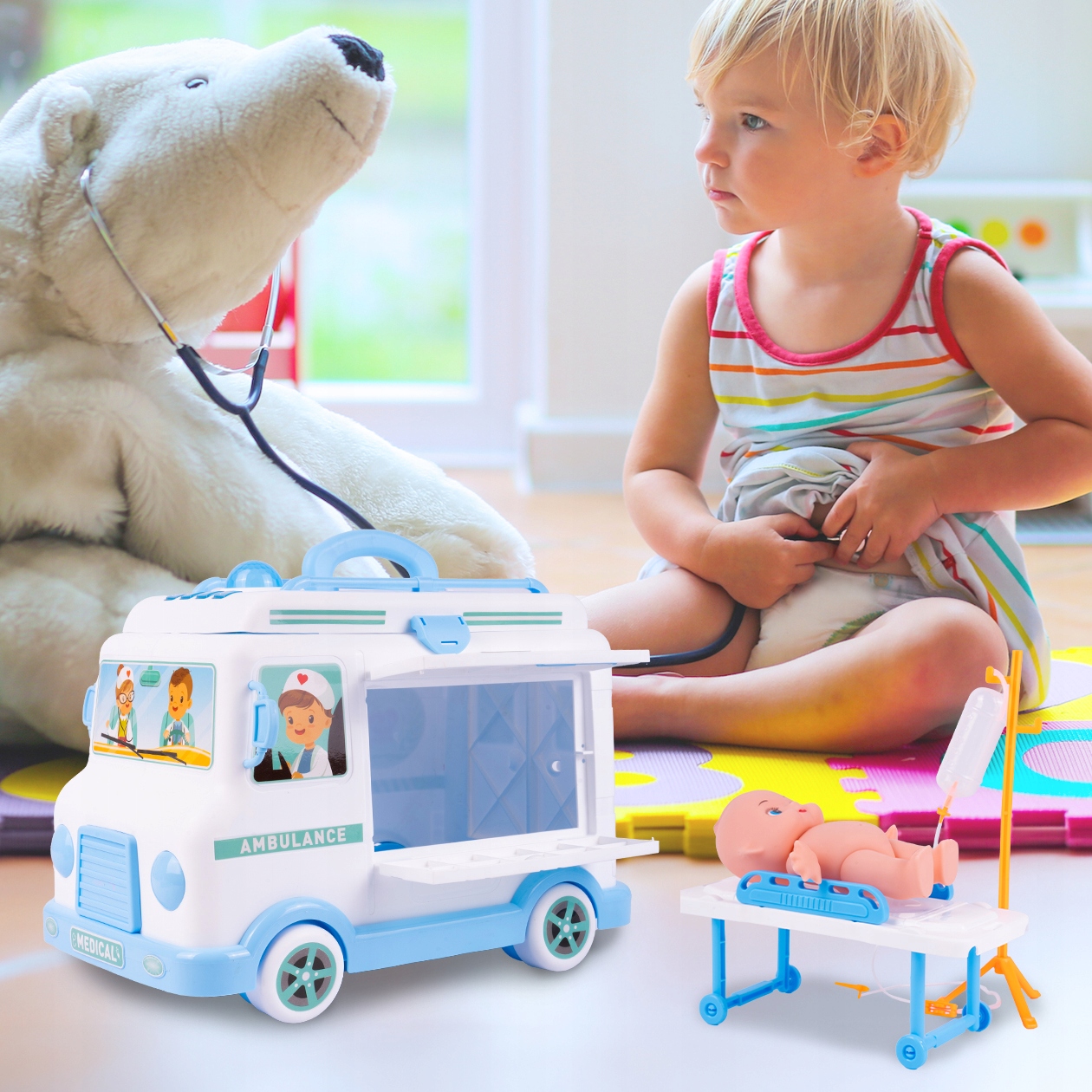 MAŁY LEKARZ ZESTAW LEKARSKI DLA DZIECI AMBULANS KARETKA LALKA DŹWIĘK Efekty dźwiękowe podświetlenie LED