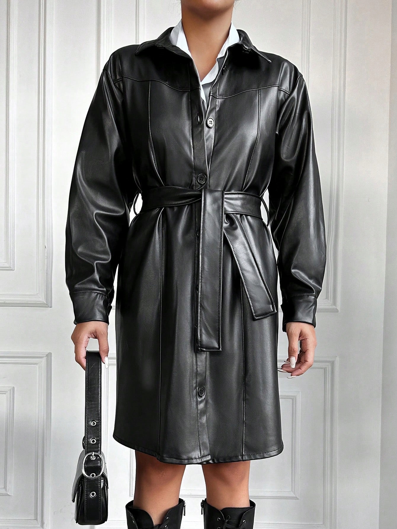 Dámský Kožený Kabát 8, Jednoduchý, Černý S Páskem, Imitace Kůže Shein, Velikost 40