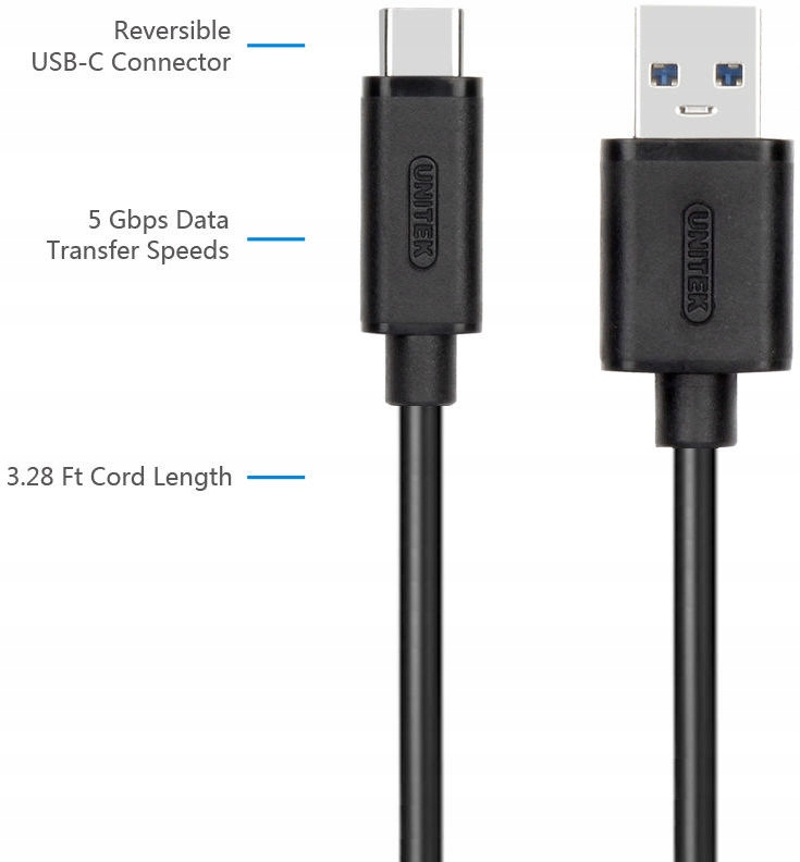 SZYBKI KABEL USB przewód USB Typ-C USB 3.1 UNITEK czarny 1m Stan opakowania oryginalne