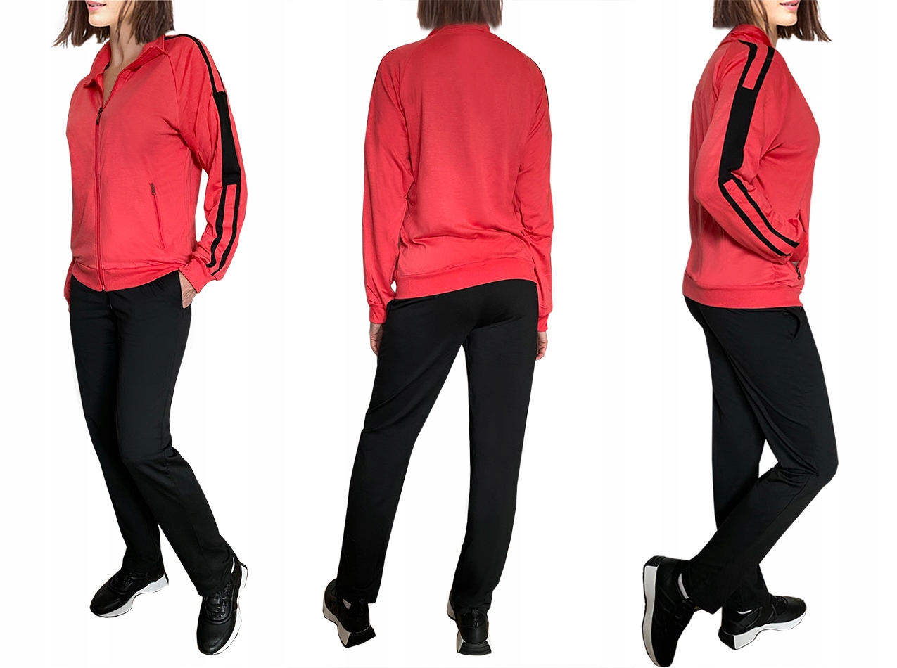 Dres damski na stójce Bluza+spodnie kieszenie zamki czarny/koral 9134 XXL