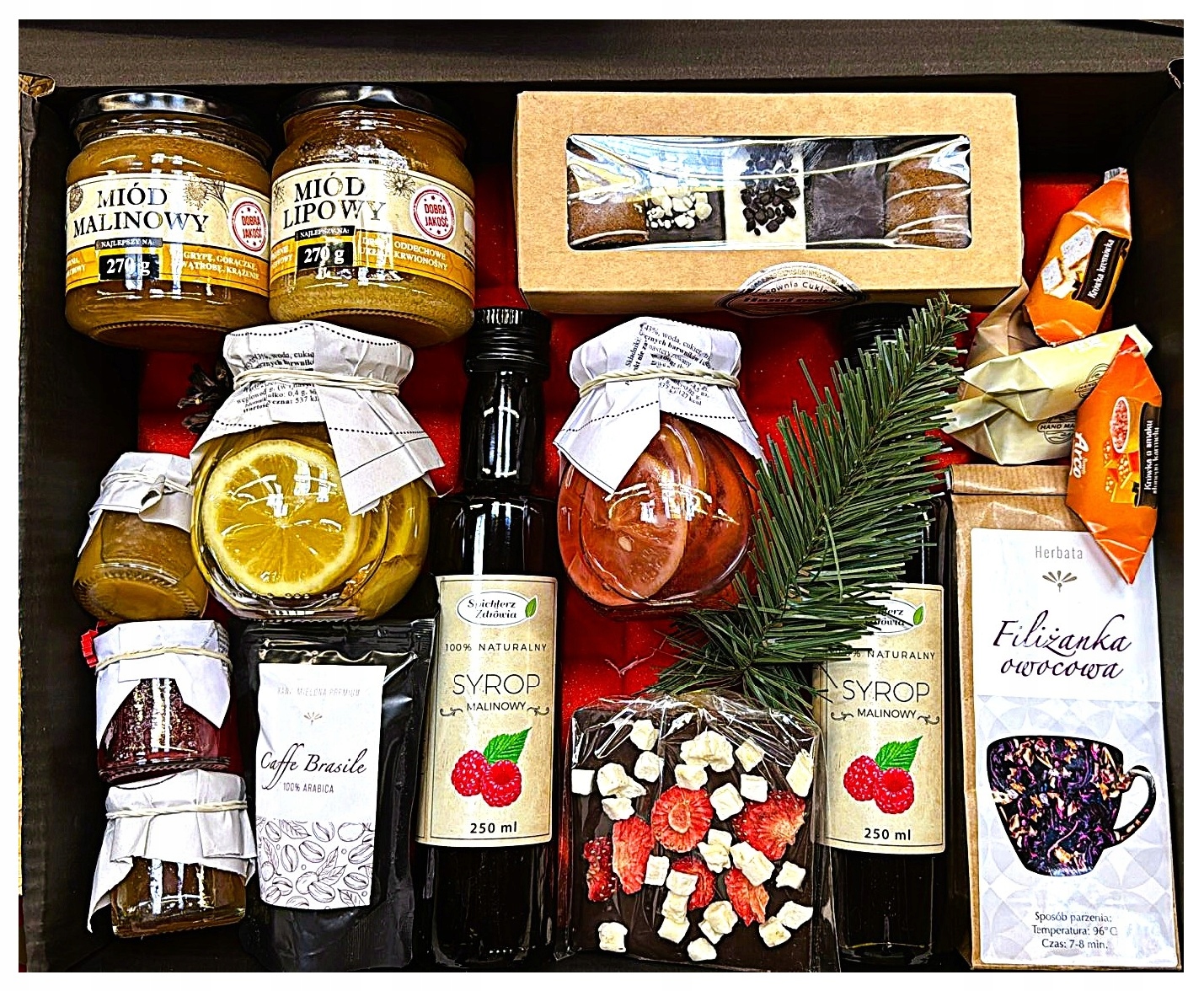 Duzy Premium Kosz Zestaw Prezentowy Kawa Herbata Miód Syrop Przyszności