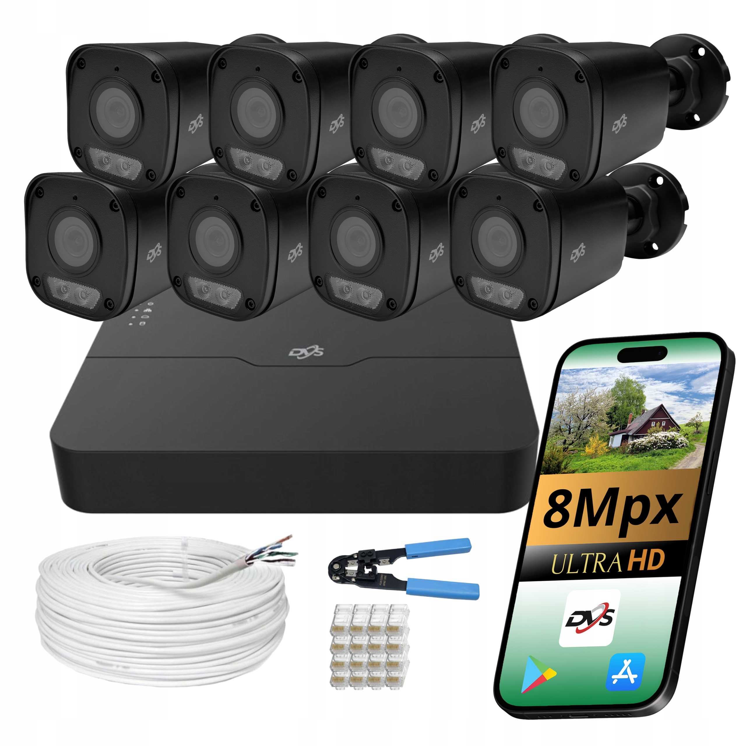 Czarne Zewnętrzne Kamery Zestaw 4K 8 Kamer 8Mpx Ip Poe Do Monitoringu Domu