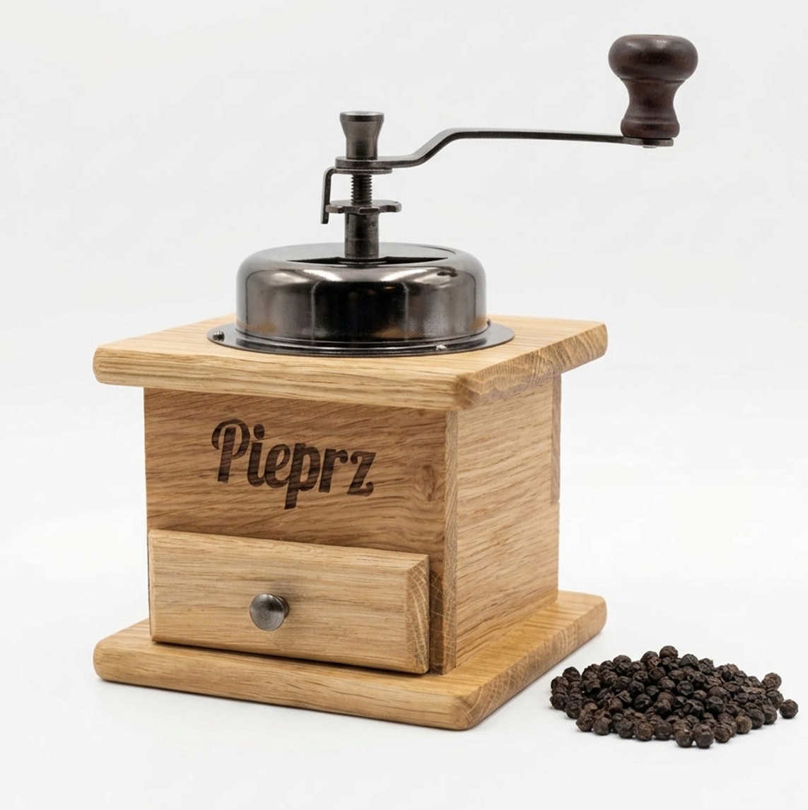 Ručný Mlynček Klasický Dubový Peper Retro S Reguláciou Zásuvky, gravírovanie
