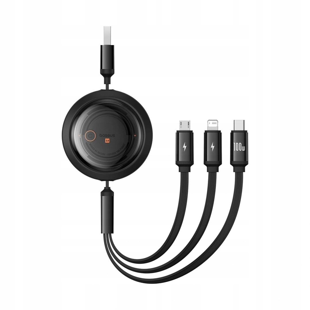 Kabel zwijany Baseus Free2Draw Retractable Crystal 100W 3w1 Usb-a MicroUS