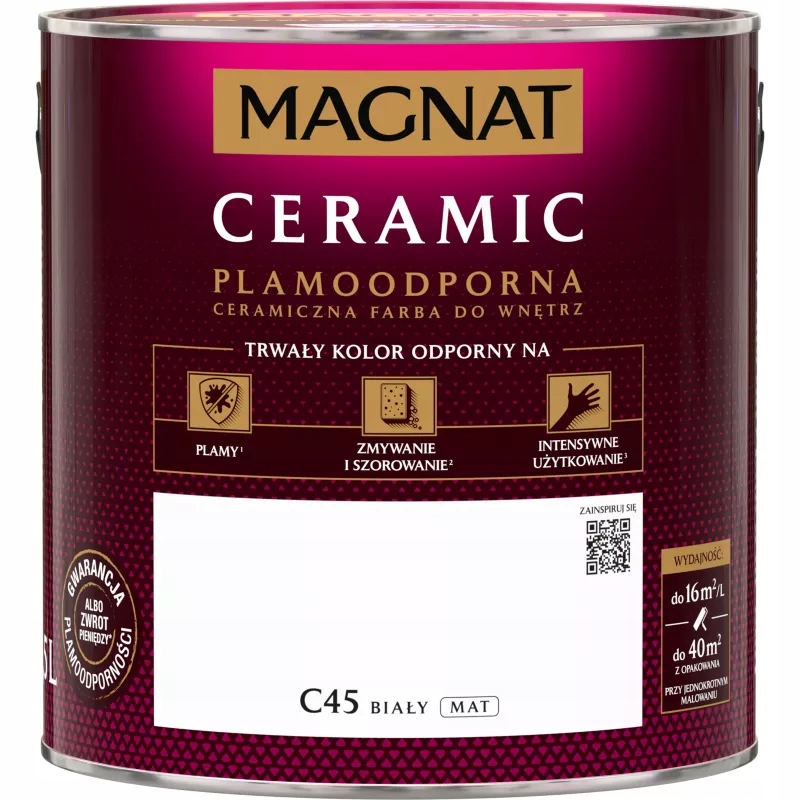 Farba Magnat Ceramic C45 Ceramiczna Plamoodporna 2,5L Biała Mat Do Wnętrz