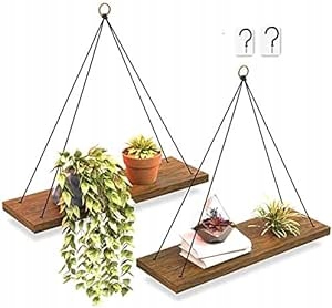 WISZĄCE DREWNIANE PÓŁKI NA SZNURKACH 43 X 14 CM 2 SZTUKI