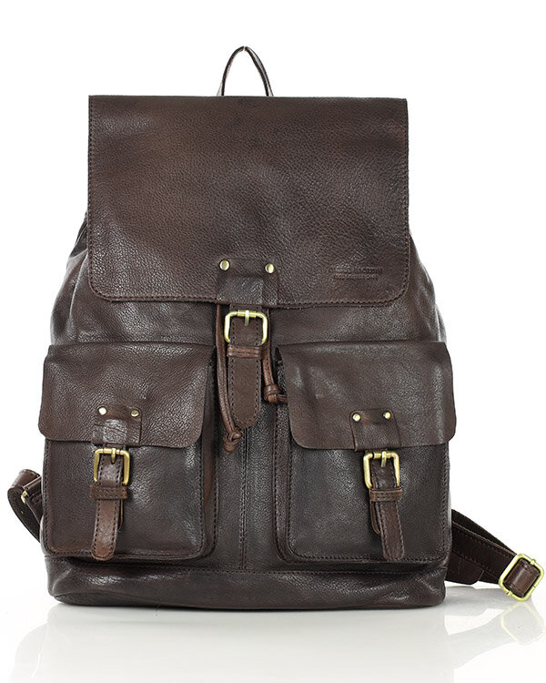 Plecak damski Skórzany z kieszonkami z kalpką Marco Mazzini ciemnobrązowy