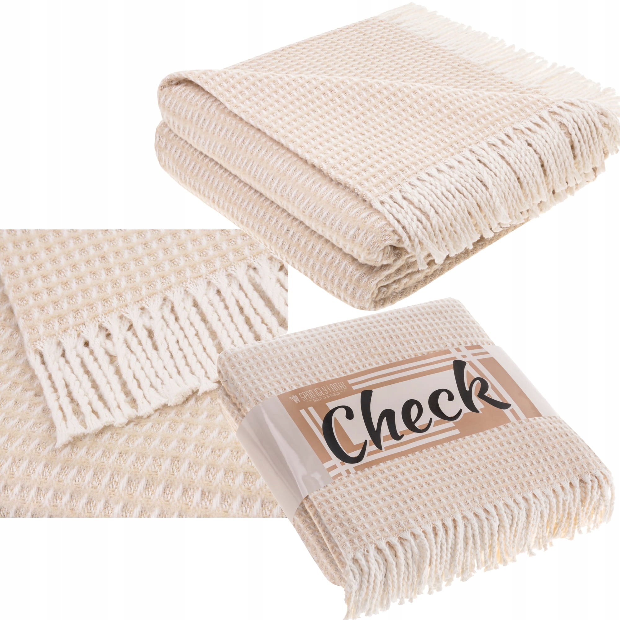 Bavlněná deka Check 150x200 béžová s třásněmi