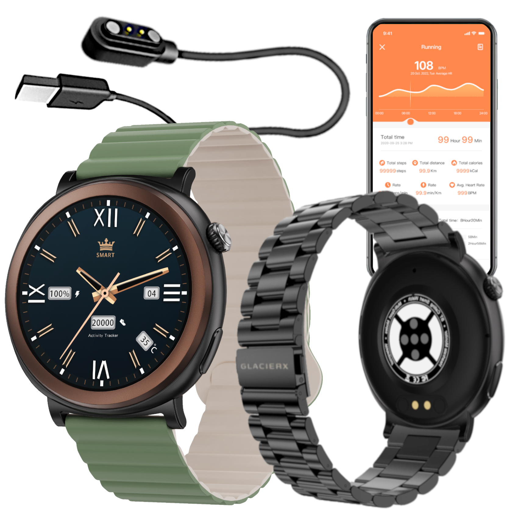 Smart hodinky s funkciou volania GlacierX Theron 2 x magnetický remienok kovový remienok