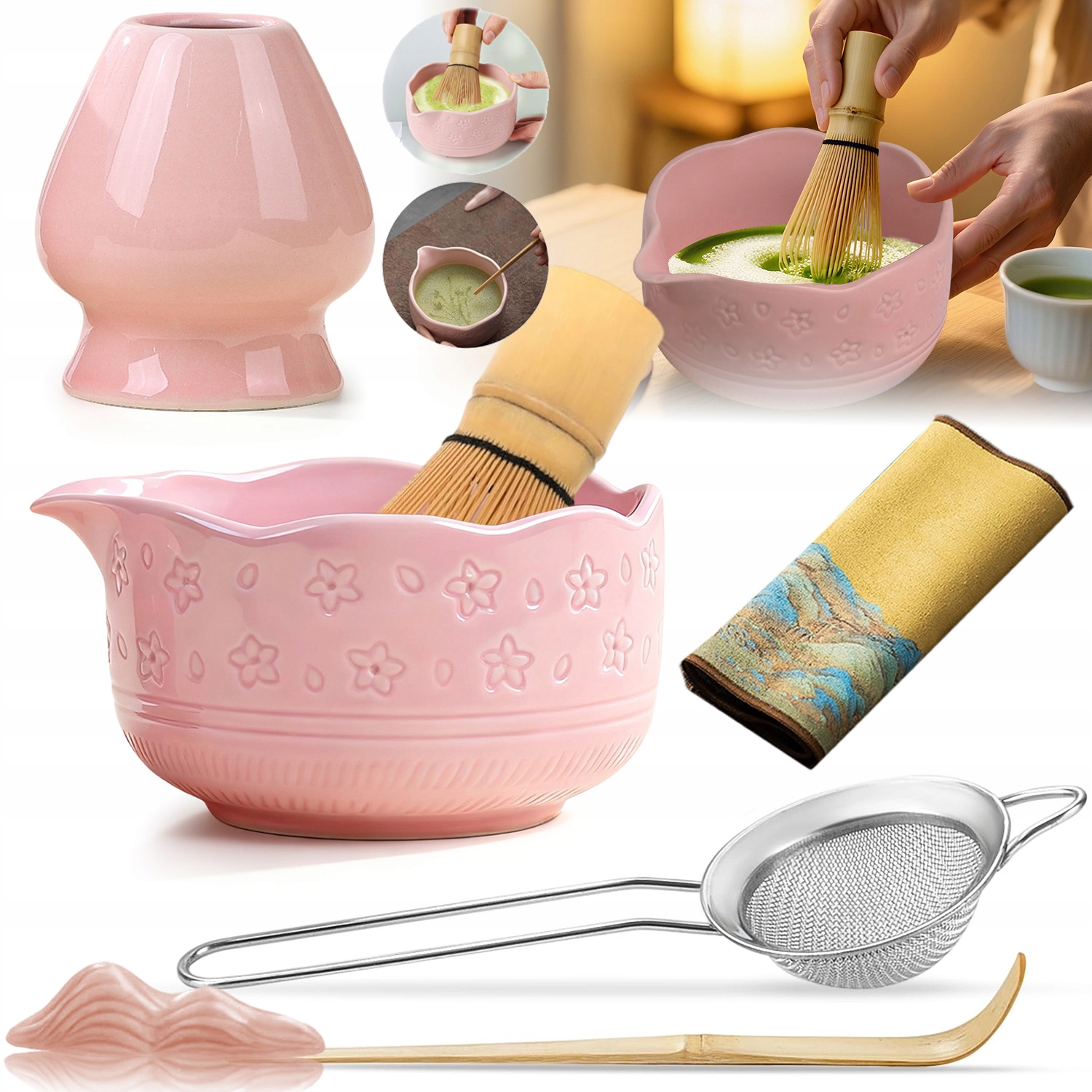 Levně Čajová Sada Matcha Miska Metlička Sítko Lžička Dárek Růžová 7 Ks