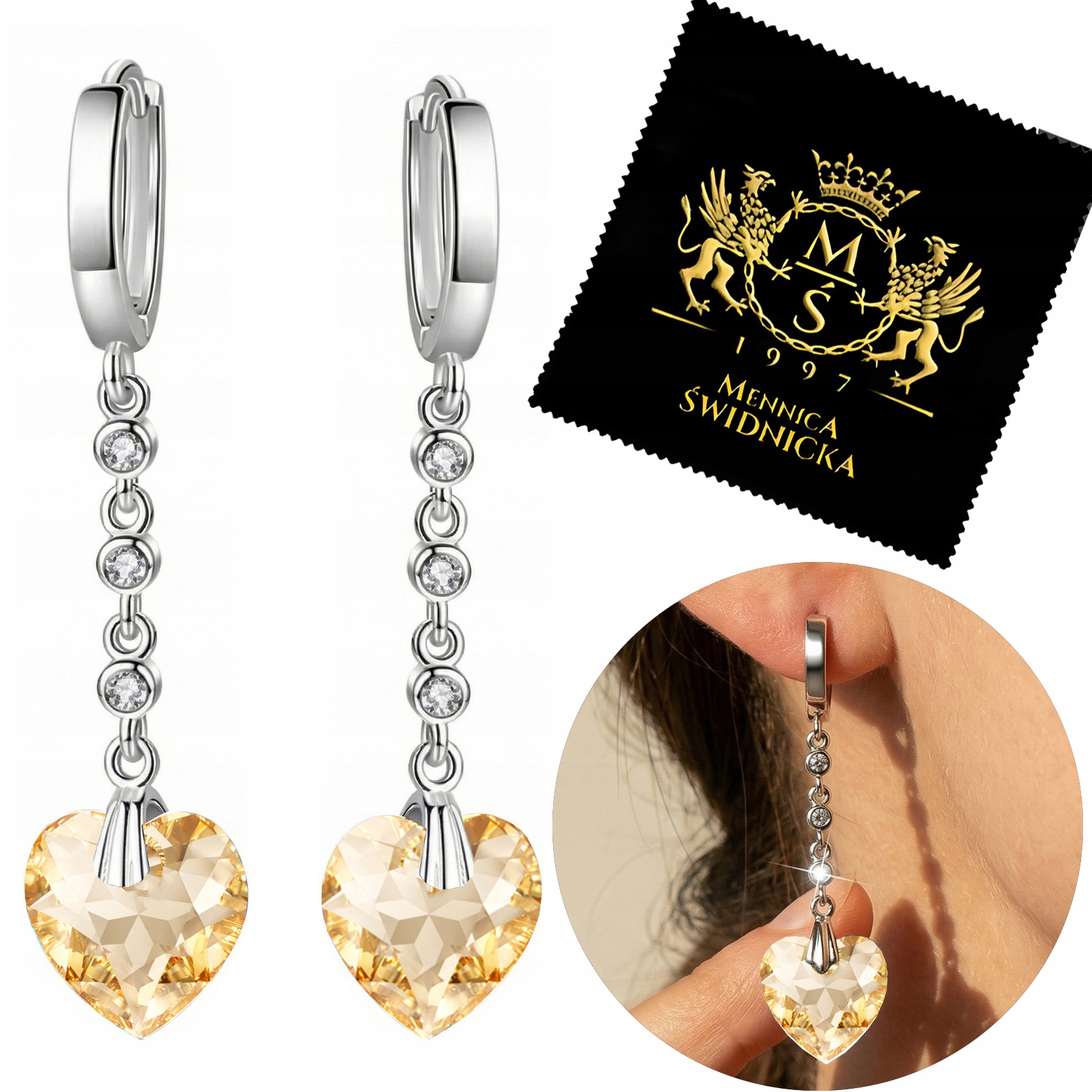 Dlouhé Náušnice Stříbro 925 Srdce Závěsné Zirkony Srdce Anglické zapínání