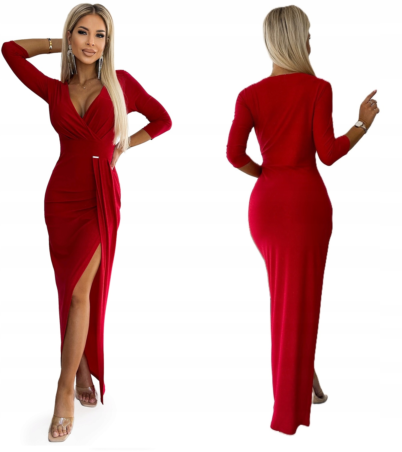 Banketové Dlouhé Lesklé Šaty S Hlubokým Výstřihem, Červená Barva