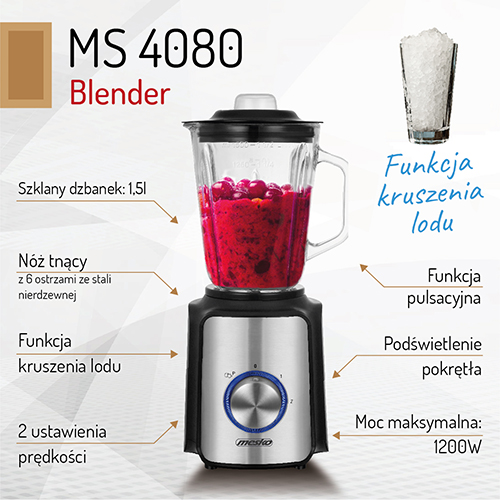 Blender Kielichowy MS 4080 1200W Szklany Dzbanek 1,5L Kruszenie Lodu