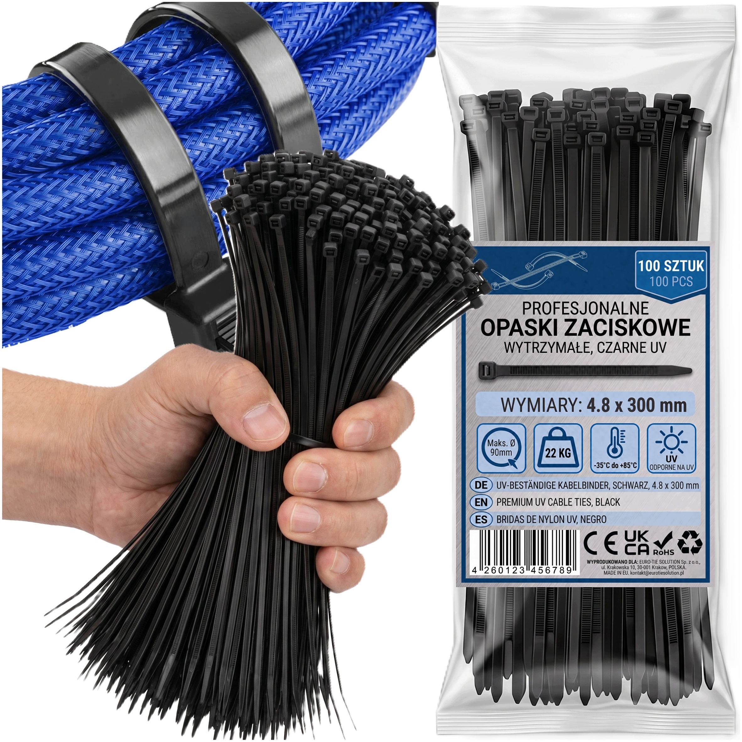 Opaski Zaciskowe Trytytki Kablowe Wytrzymałe Mocne Czarne Uv 4.8x300 100szt