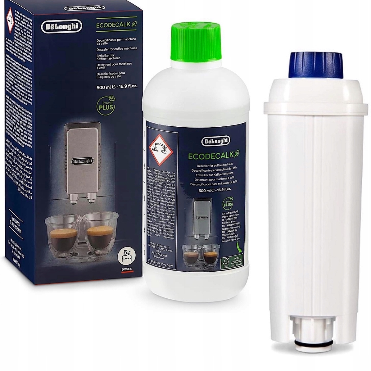 Silný DeLonghi Odvápňovač 500 ml 1 x náhradní filtr do kávovaru DeLonghi