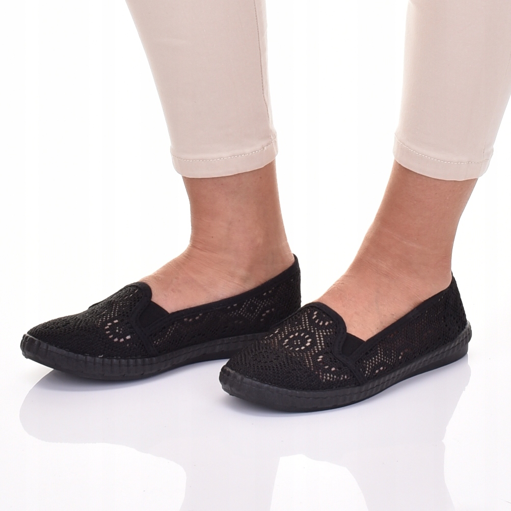 TENISÓWKI AŻUROWE BUTY DAMSKIE KORONKA CZARNE BALERINY Długość wkładki 24 cm