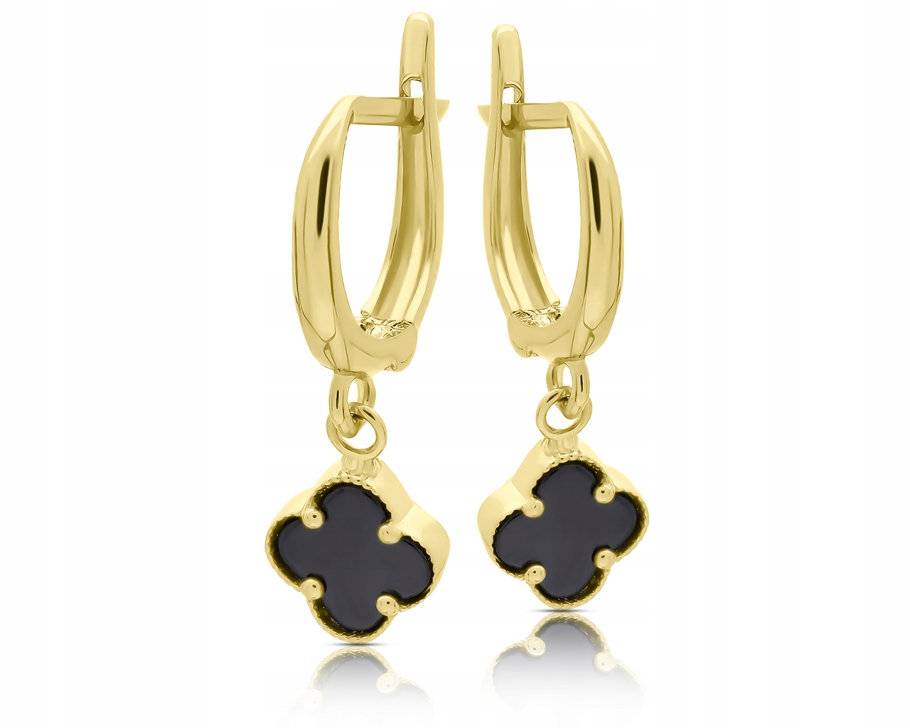 Zlaté Náušnice Závěsné Anglické jetelky Černé Onyxy Dámské pr. 585