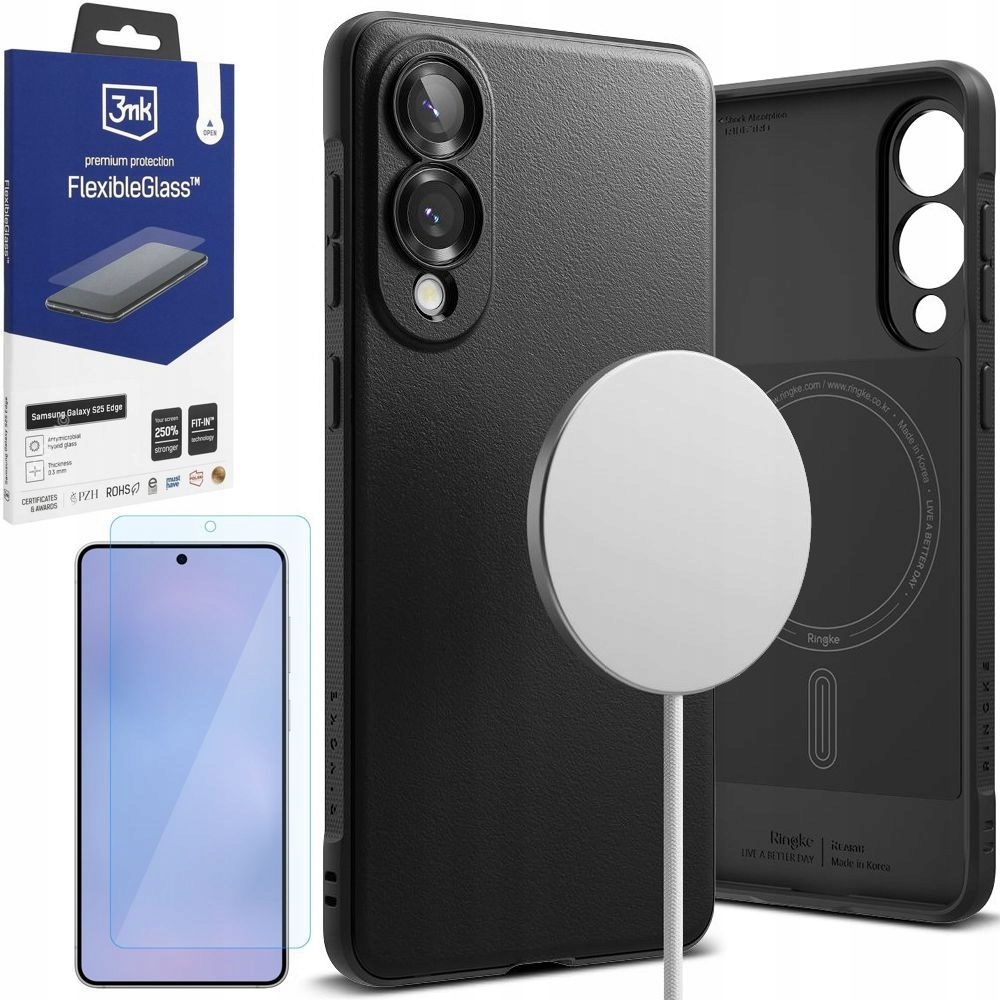 Pouzdro Ringke Onyx s MagSafe Qi2 Sklo 3mk Fg pro Samsung Galaxy S25 Edge