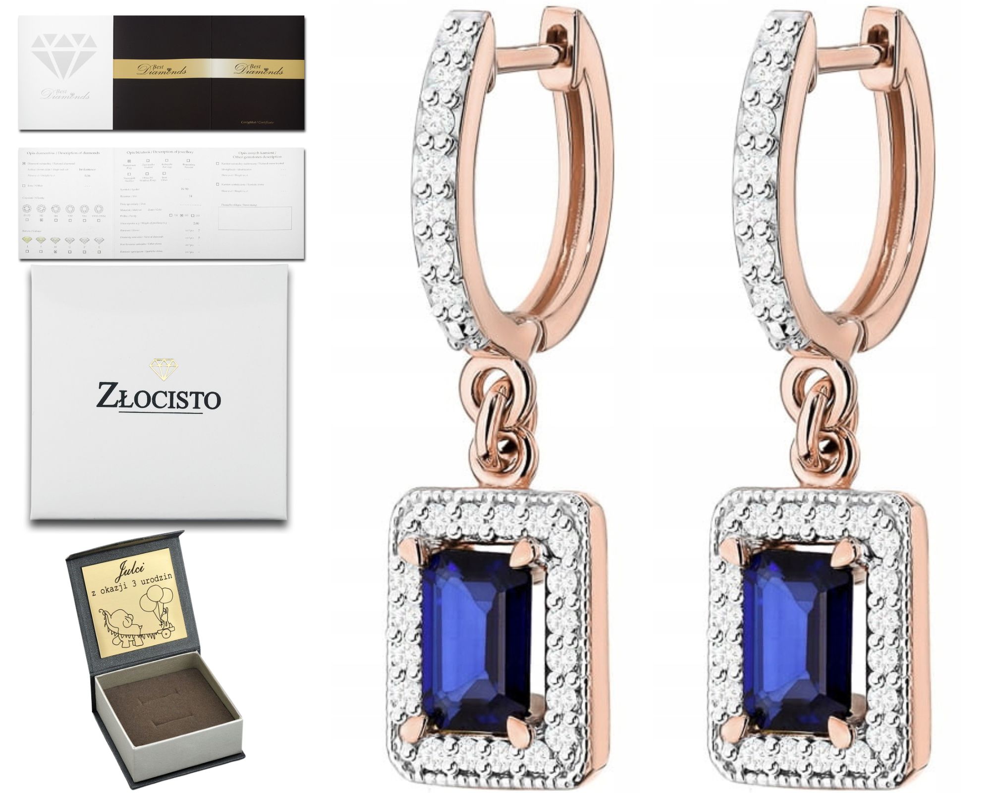 Růžové Zlato Náušnice Závěsné 585 Přírodní Kámen Safír Diamanty Brilianty