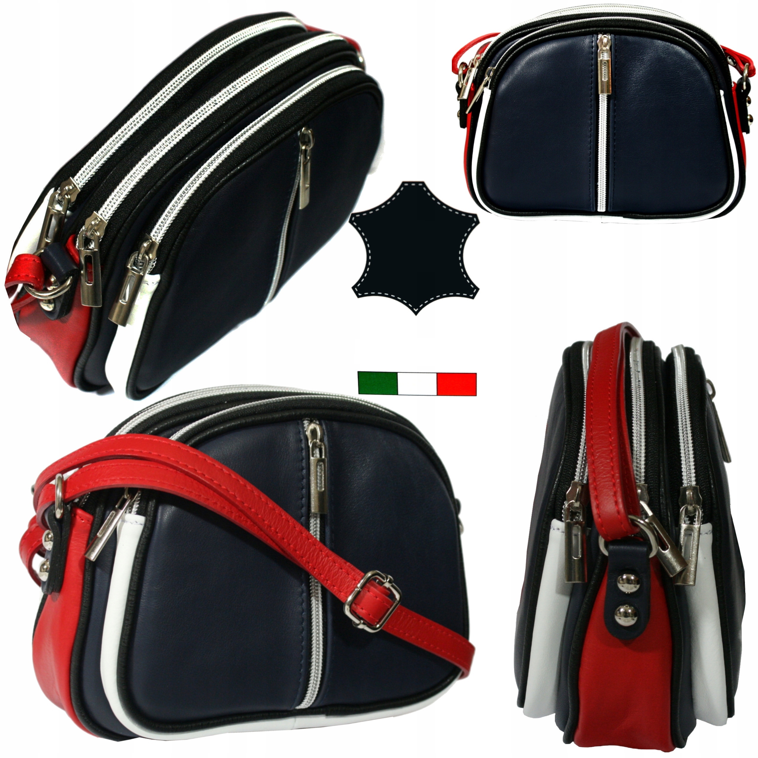 Torebka skórzana damska mała włoska miękka skóra 3 komory listonoszka