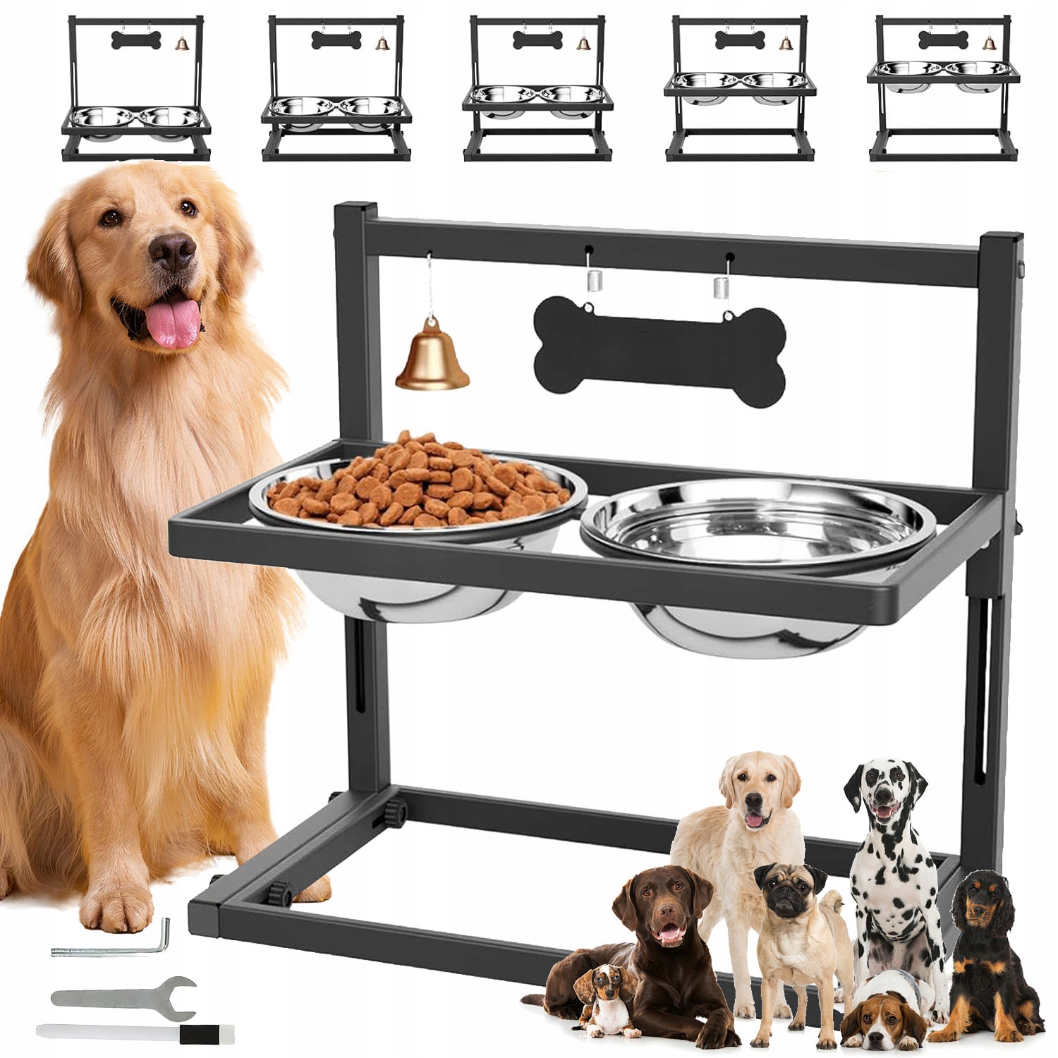 Levně 2x Miska Pro Psa S Nastavitelným Stojanem Se Zvonkem A Štítkem Se Jménem