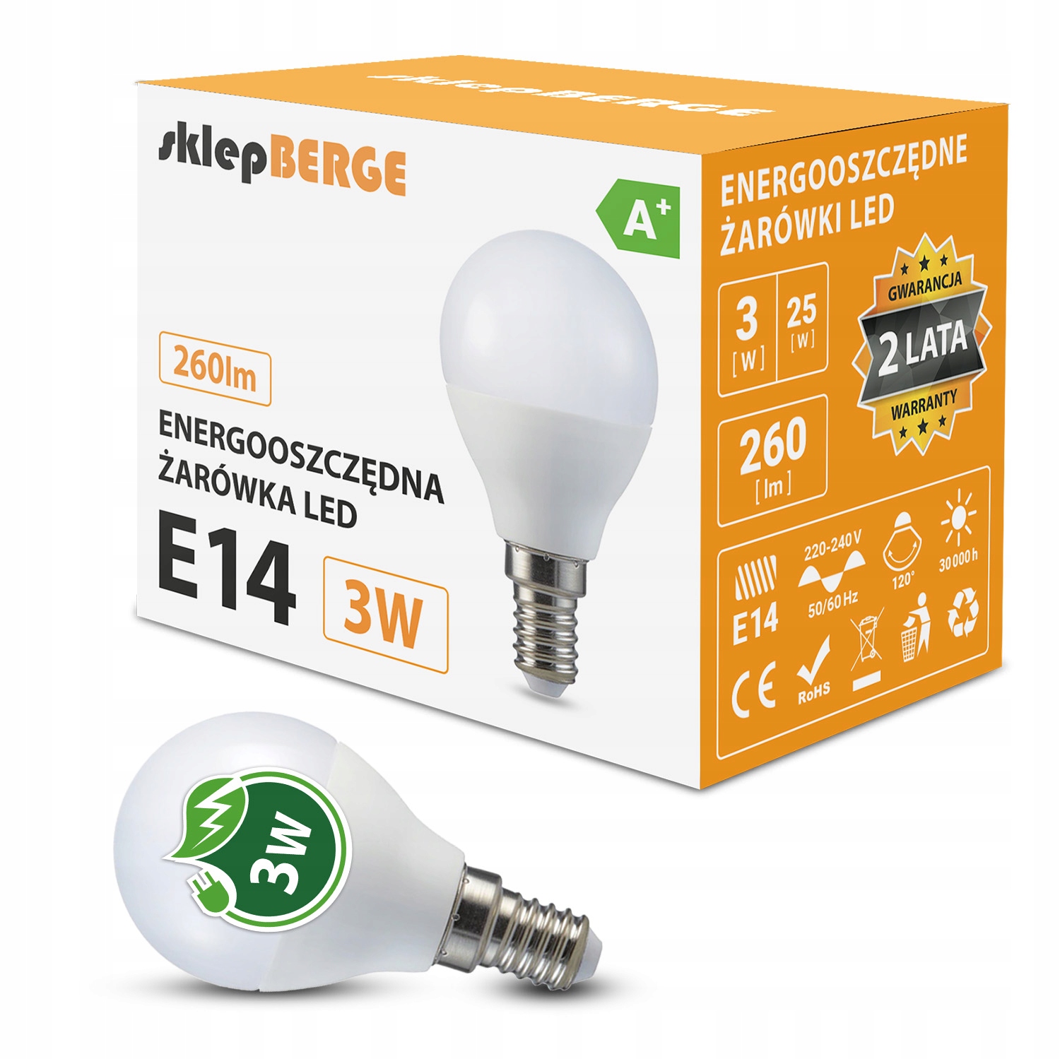 

Żarówka Led E14 G45 3W=25W 260lm 3 Barwy Berge