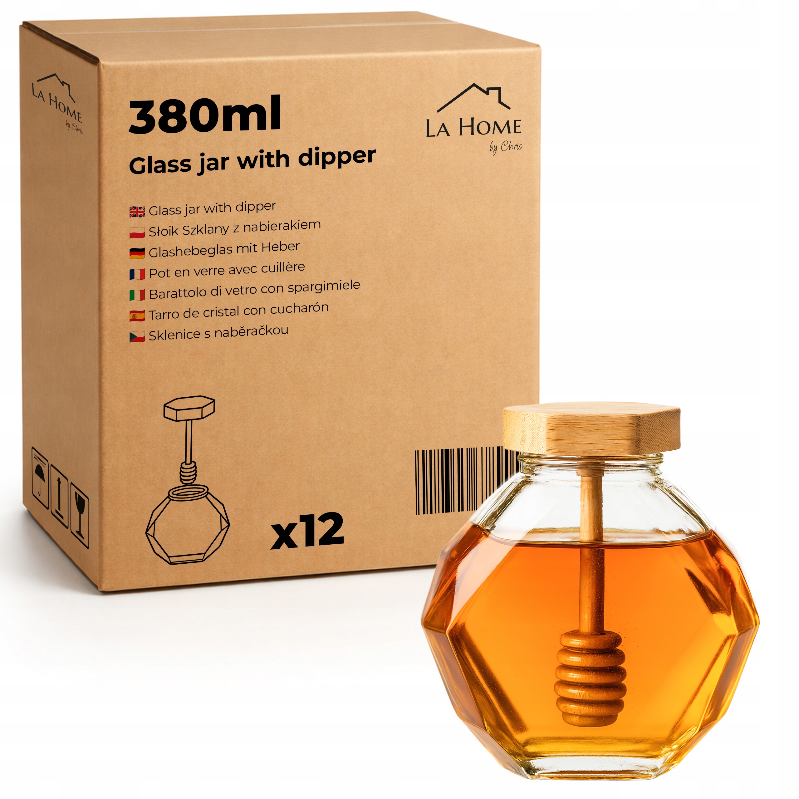 12 x Skleněná Zavařovací Sklenice na med 380 ml s naběračkou a ozdobným diamantem