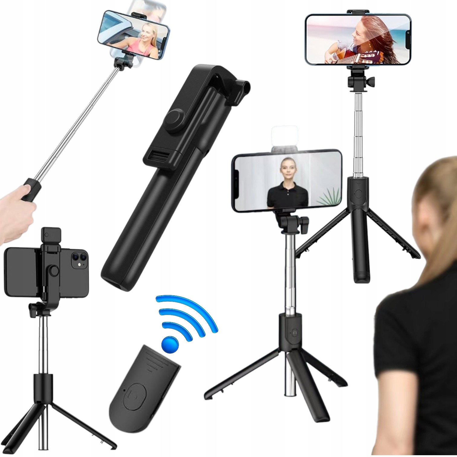 Kijek Do Selfie Stick Uchwyt Tripod Bluetooth Lampa Led Statyw Pilot Rączka