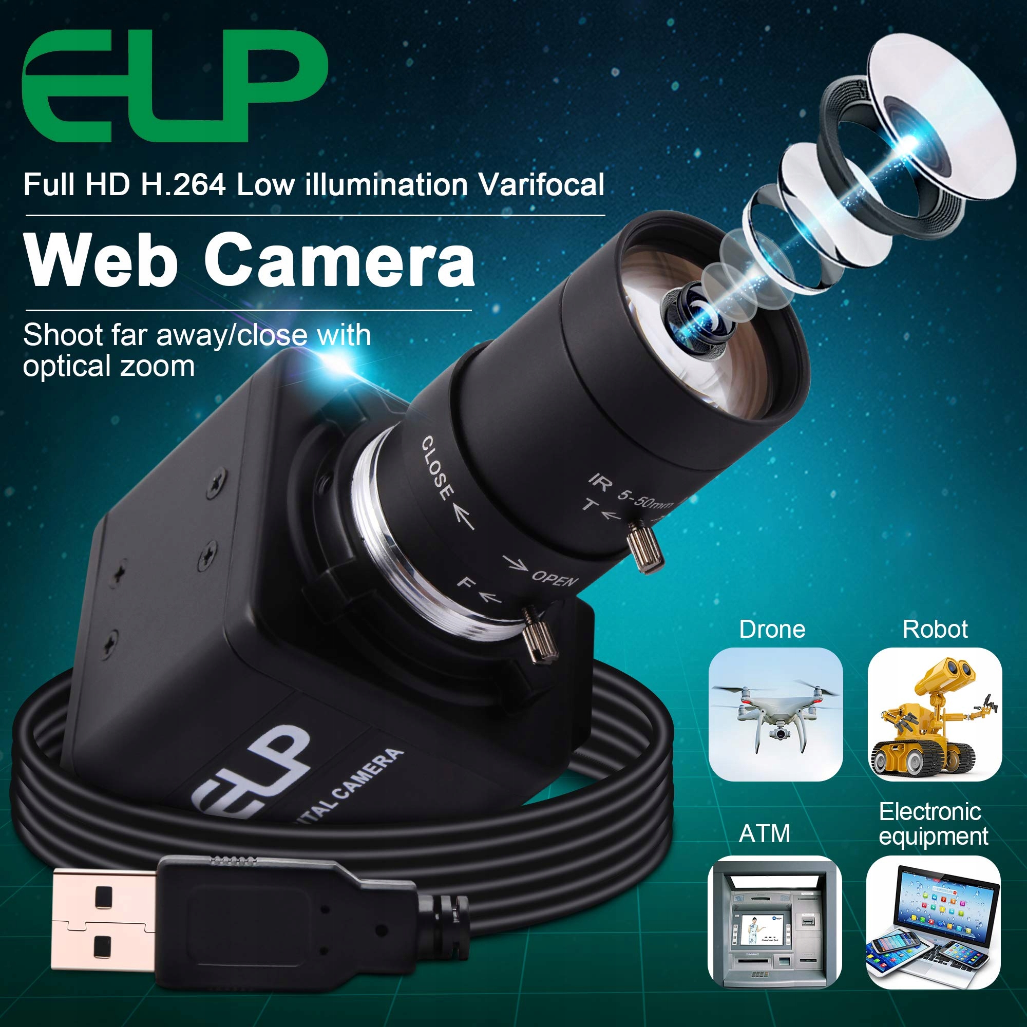 ELP Kamera FHD 1080P Zoom Ogniskowa 5-50mm USB — miniatura 8