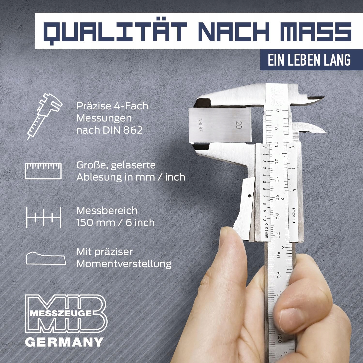 MIB Suwmiarka Analogowa Stalowa 150mm Narzędzie Pomiarowe DIN 862 — miniatura 2