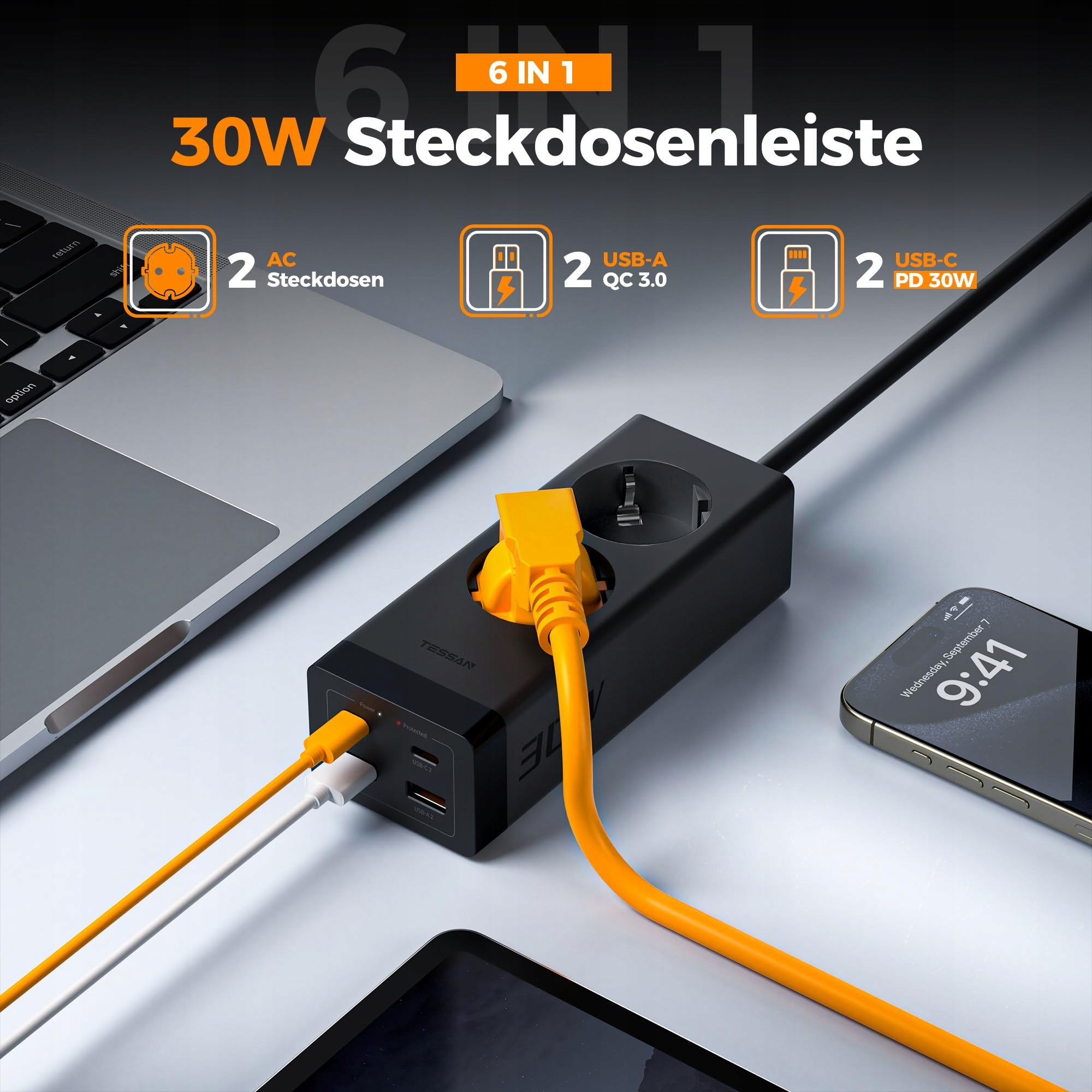 TESSAN Listwa Zasilająca USB C 30W GaN Szybkie Ładowanie 2M Biuro — miniatura 2