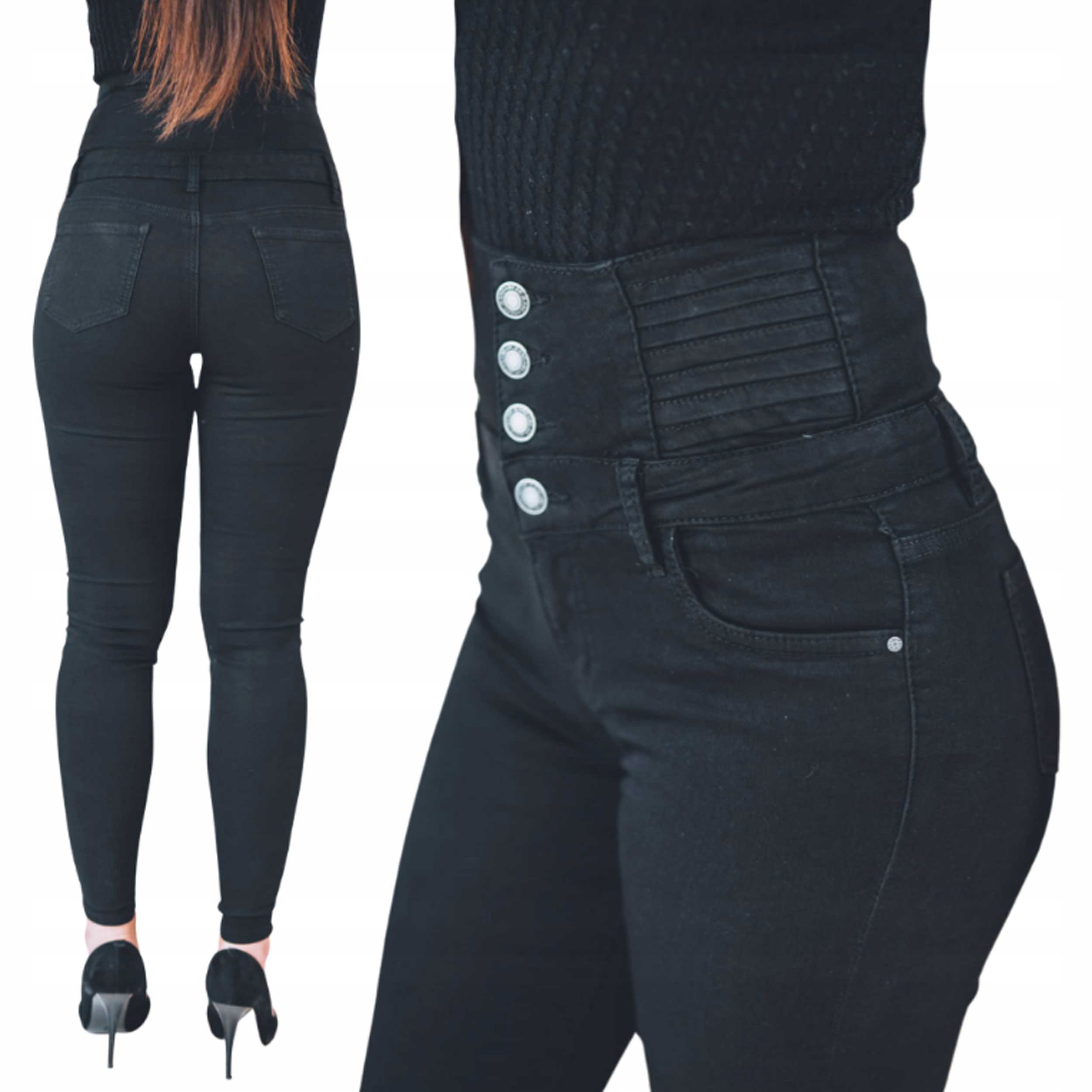 

Czarne spodnie damskie jeansy high waist guziki Xs