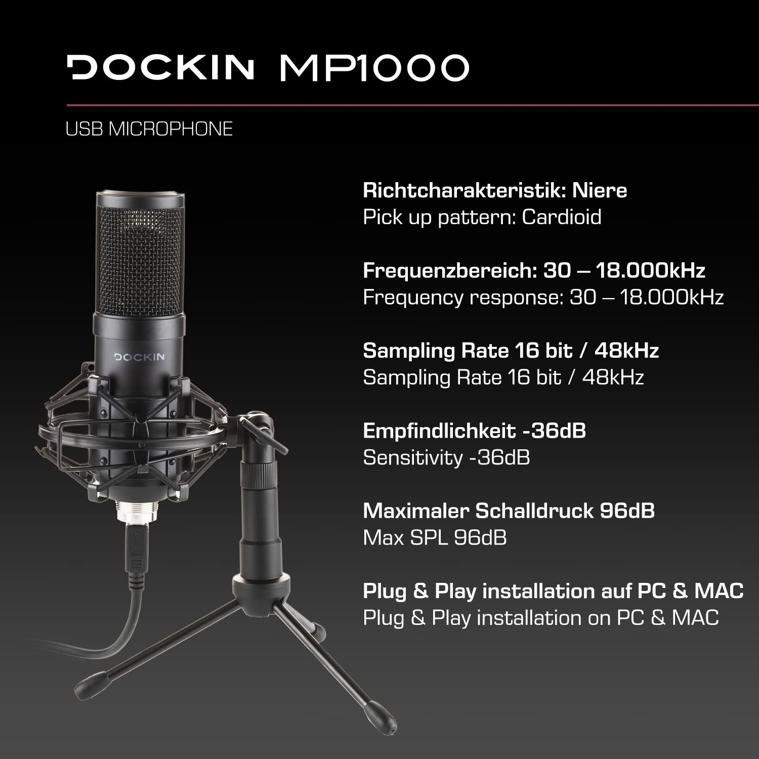 DOCKIN MP1000 Mikrofon USB PC Mac Streaming Stojak Instrumenty Głos — miniatura 3
